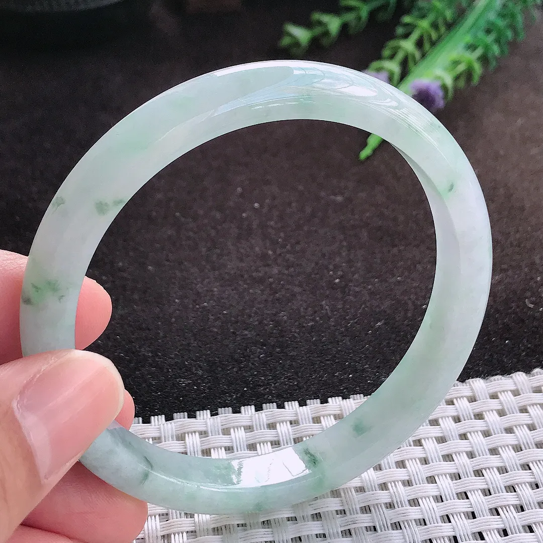 自然光60/9.6/7老坑冰润水灵飘花手镯宽边翡翠玉镯美人镯