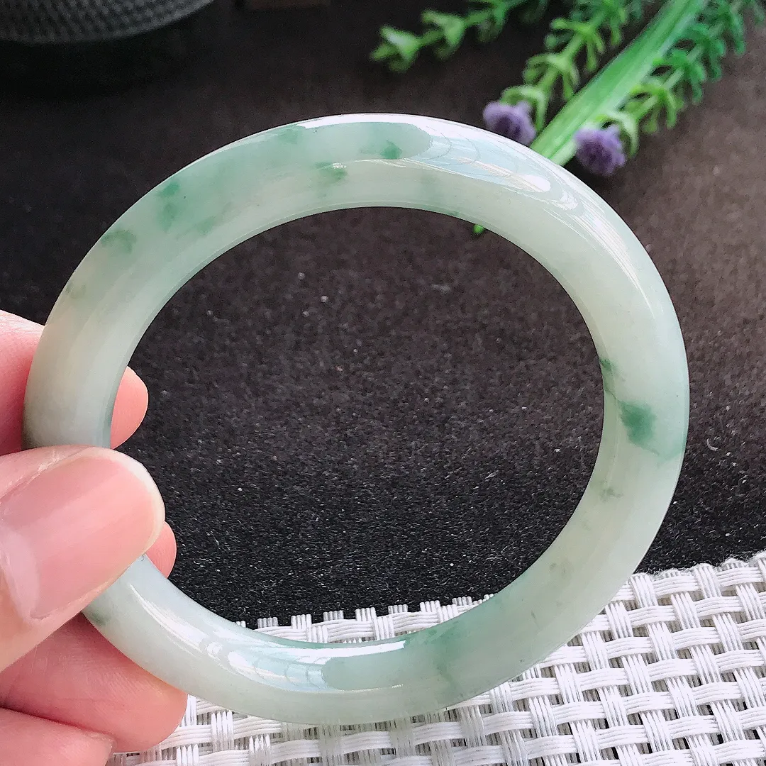 自然光53.5/9.2/9老坑精美温润飘花圆条手镯翡翠玉镯美人镯