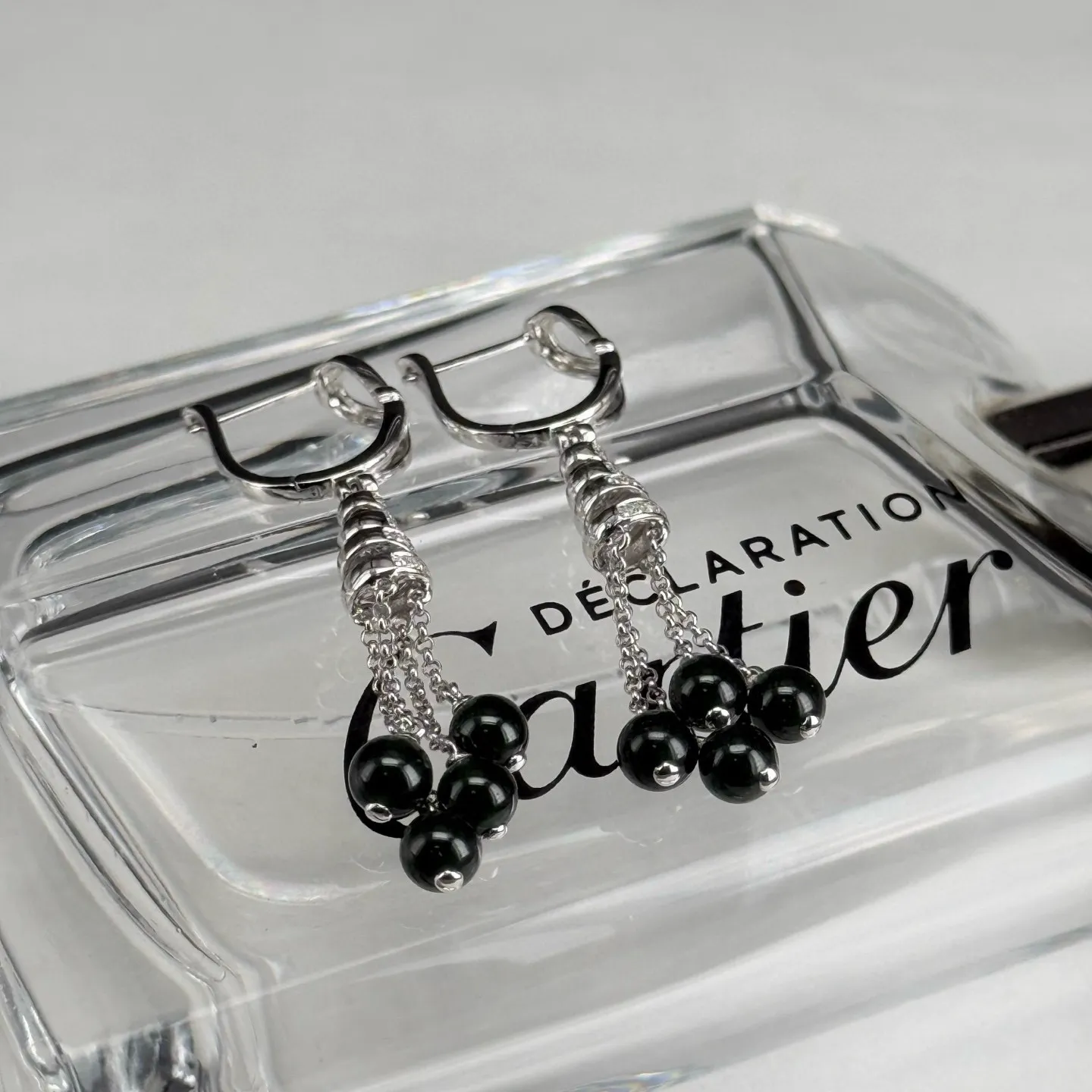 精品18k墨翠珠子耳坠 种好色正 黑度极好 打灯通透 油性十足 尺寸4.5