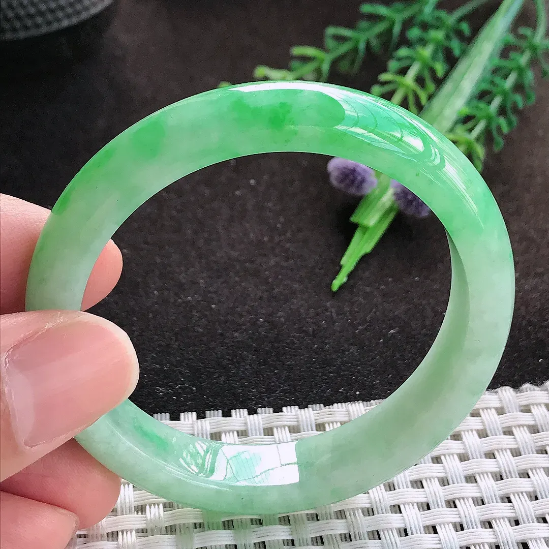 自然光50.5/11.3/7.3小圈口老坑精美飘阳绿手镯宽边翡翠玉镯美人镯