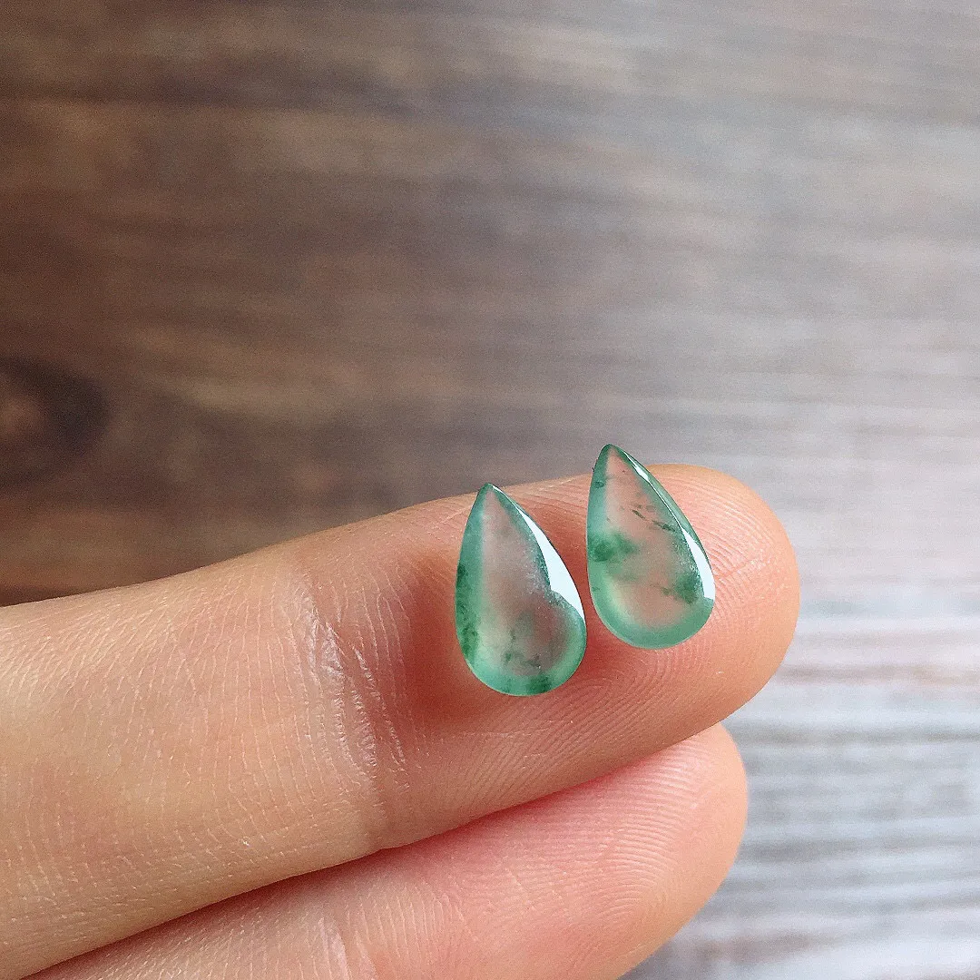 冰飘花水滴一对，镶嵌佳品，冰润细腻，种水足001 尺寸9.6*6*2.4