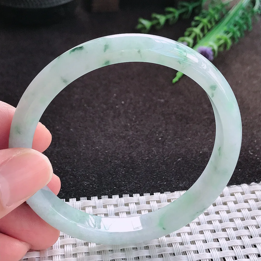 自然光60/9.6/7老坑冰润水灵飘花手镯宽边翡翠玉镯美人镯