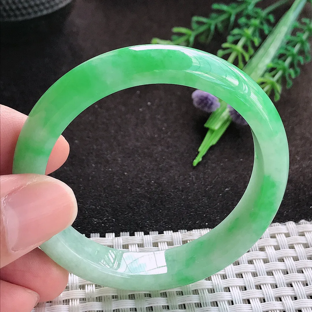 自然光50.5/11.3/7.3小圈口老坑精美飘阳绿手镯宽边翡翠玉镯美人镯