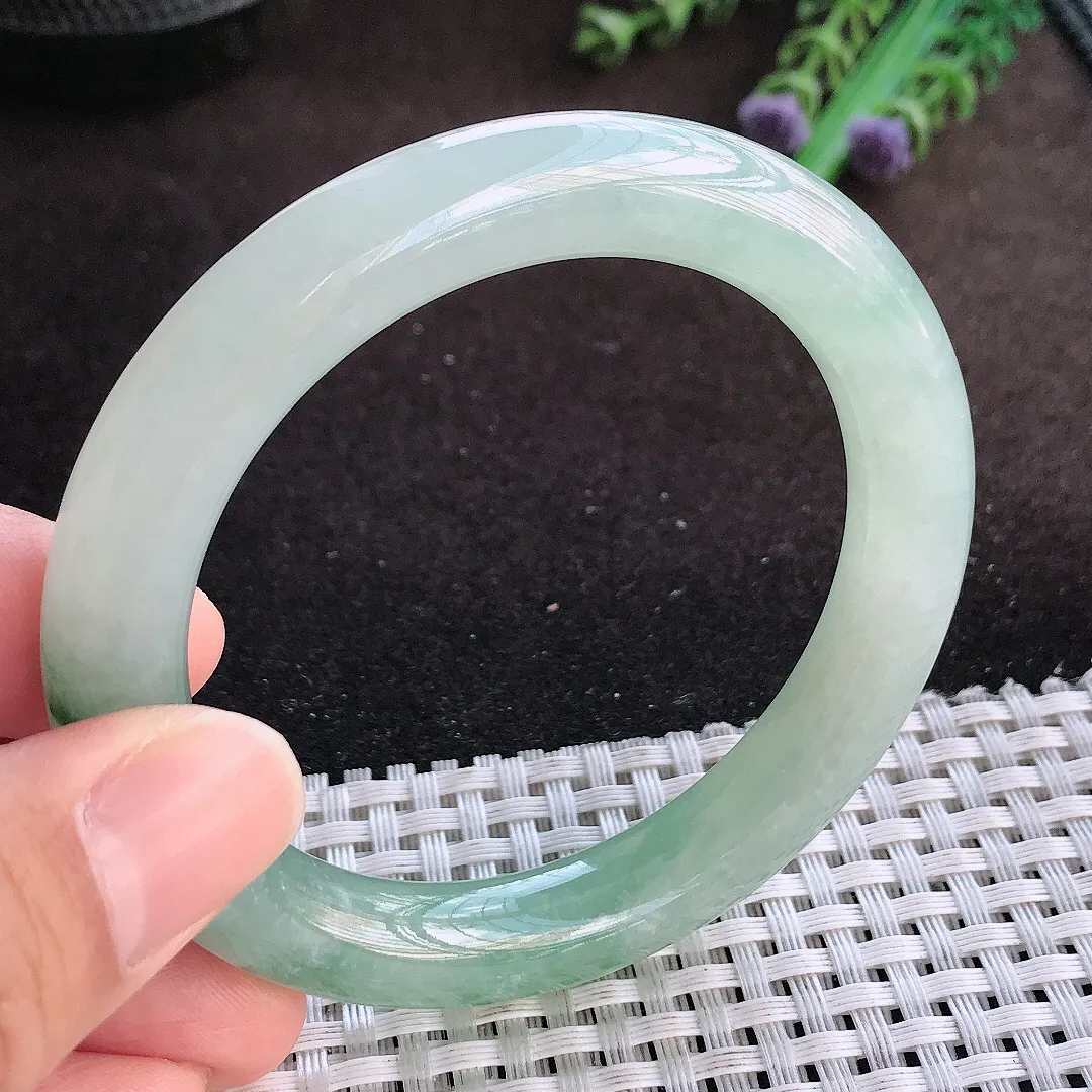天然a货翡翠54.5/9.8老坑冰胶果冻飘花圆条手镯翡翠玉镯美人镯