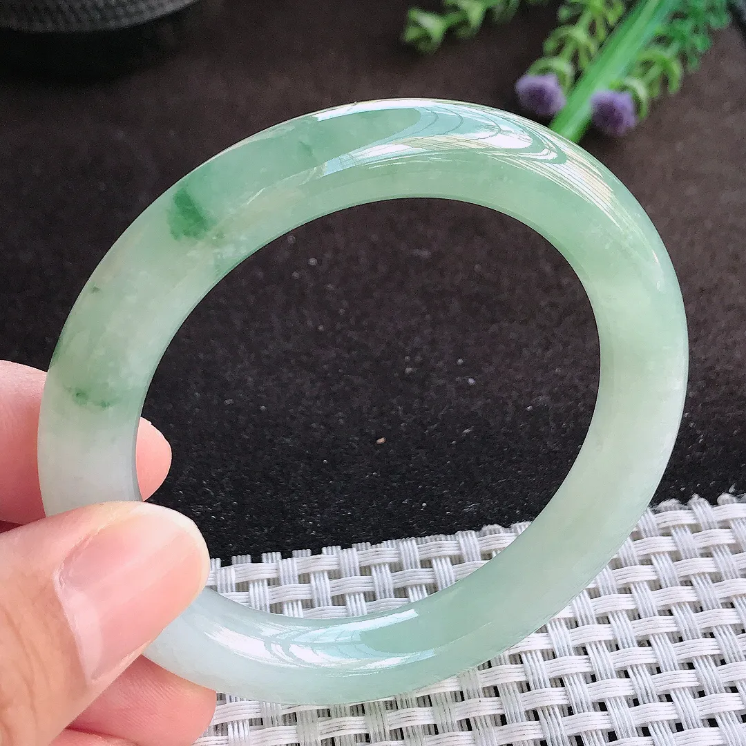天然a货翡翠54.5/9.8老坑冰胶果冻飘花圆条手镯翡翠玉镯美人镯