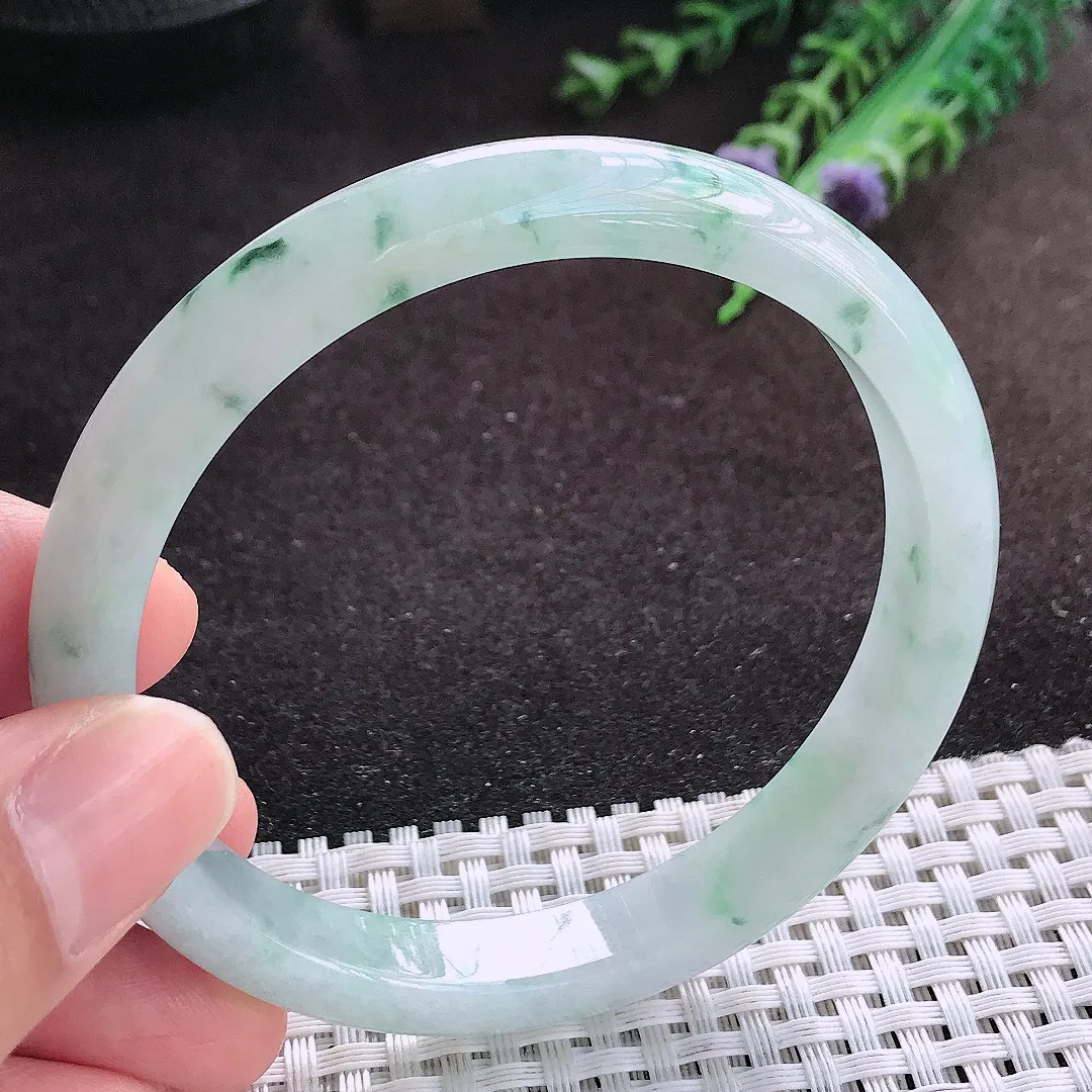 自然光60/9.6/7老坑冰润水灵飘花手镯宽边翡翠玉镯美人镯