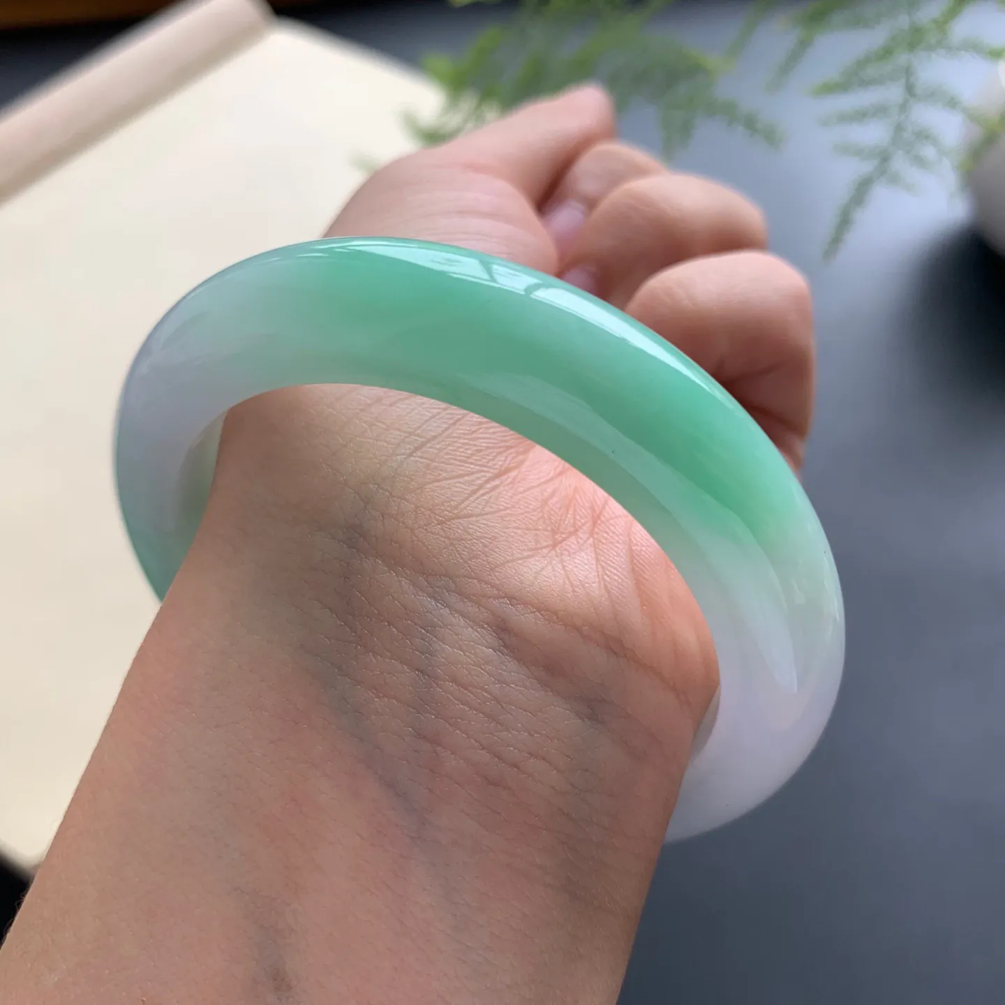 53.8圈口飘绿正圈手镯 尺寸：53.8-12-9.5，无纹裂，色泽靓丽，优美迷人