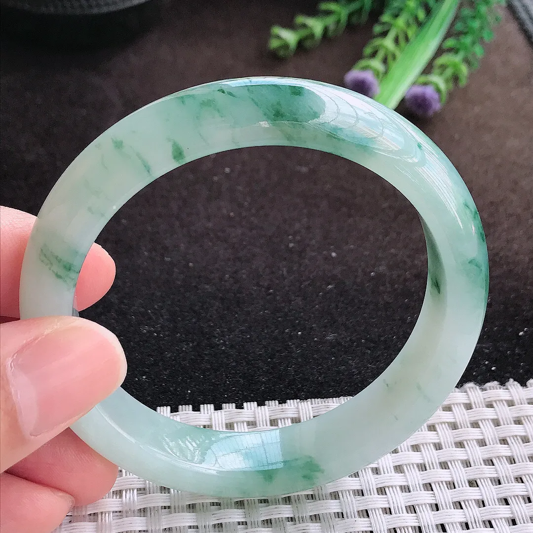 天然a货翡翠56.5/12.7/8.2老坑冰润起胶飘花手镯宽边翡翠玉镯美人镯