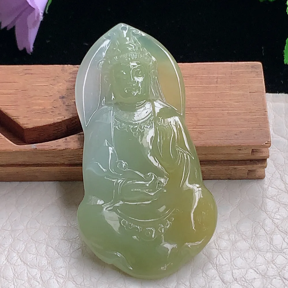 lz自然光54.3*27.8*5.8天然缅甸翡翠冰黄随形观音 玉观音玉吊坠 玉挂件