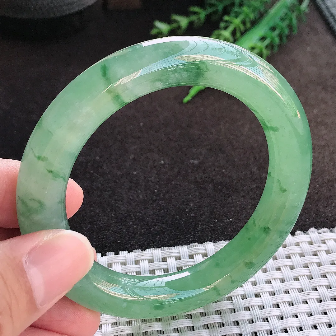 自然光55/11.2/11老坑冰胶果冻冰晴满绿圆条手镯翡翠玉镯美人镯