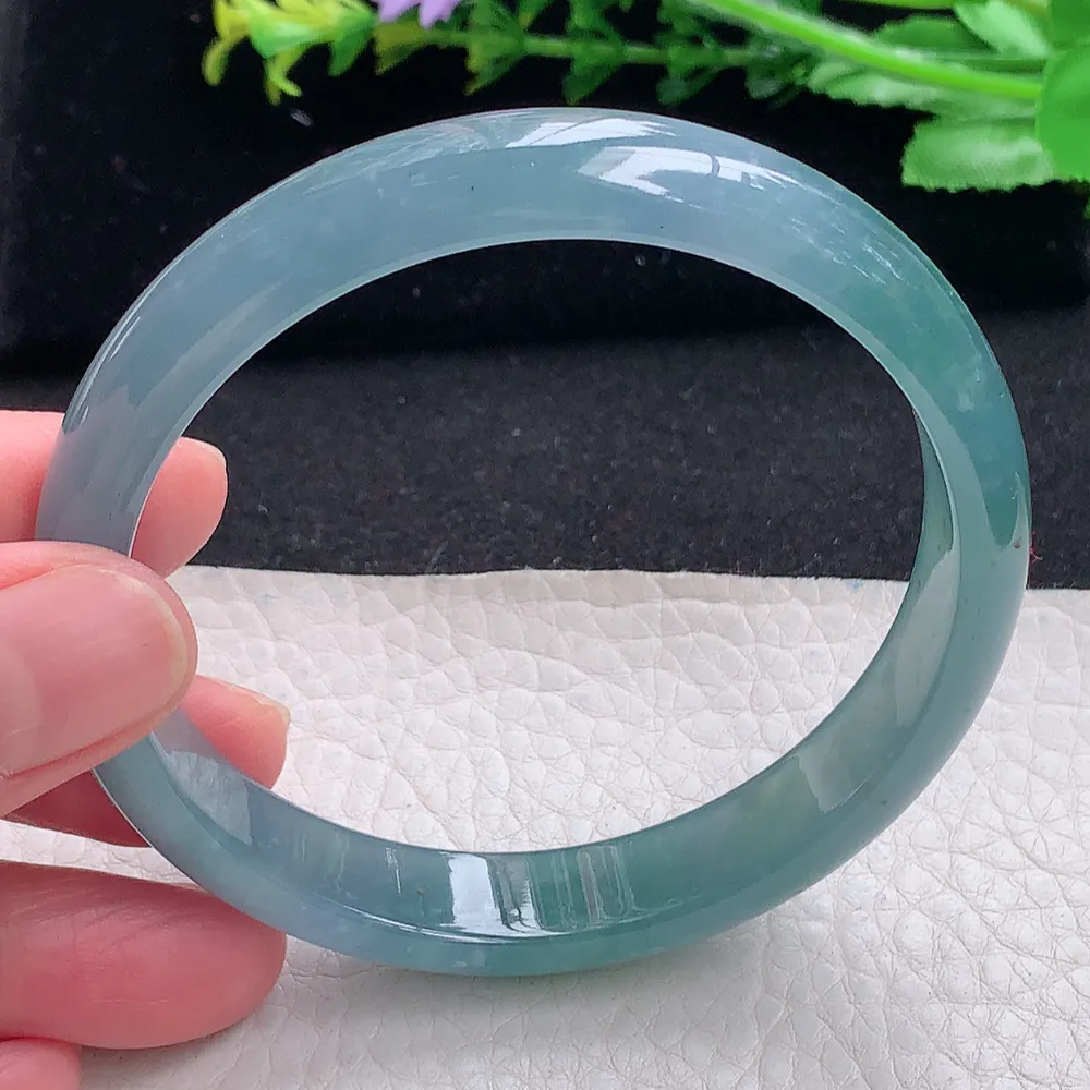 ll大圈口61*11.5*6.3平安镯 天然翡翠a货蓝水宽边玉镯子 玉手环