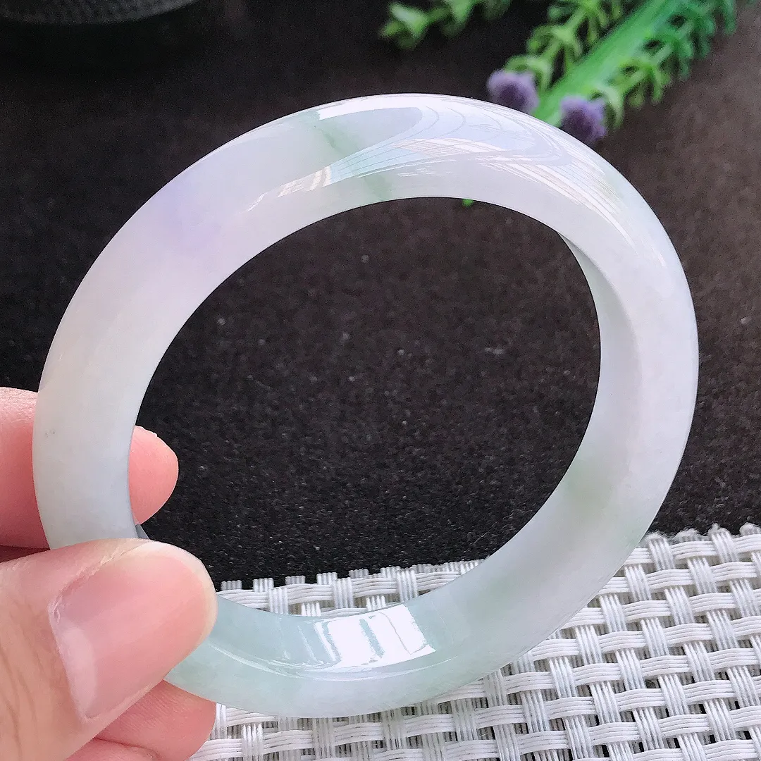 自然光55.5/12/8.6老坑秀气冰润飘花手镯宽边翡翠玉镯美人镯