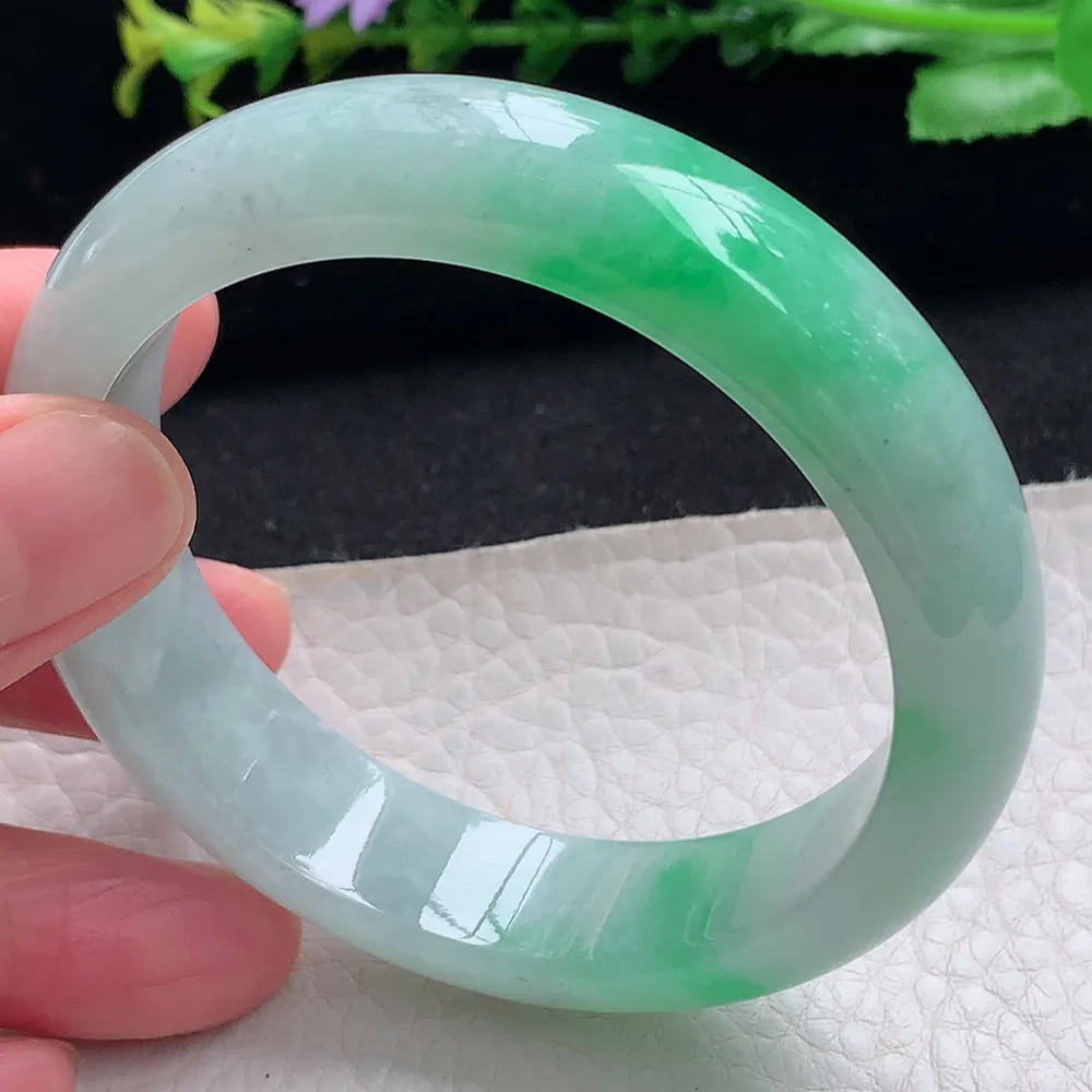ll自然光55*14.2*7.8平安镯 天然缅甸翡翠a货飘阳绿宽边玉镯子 玉手环