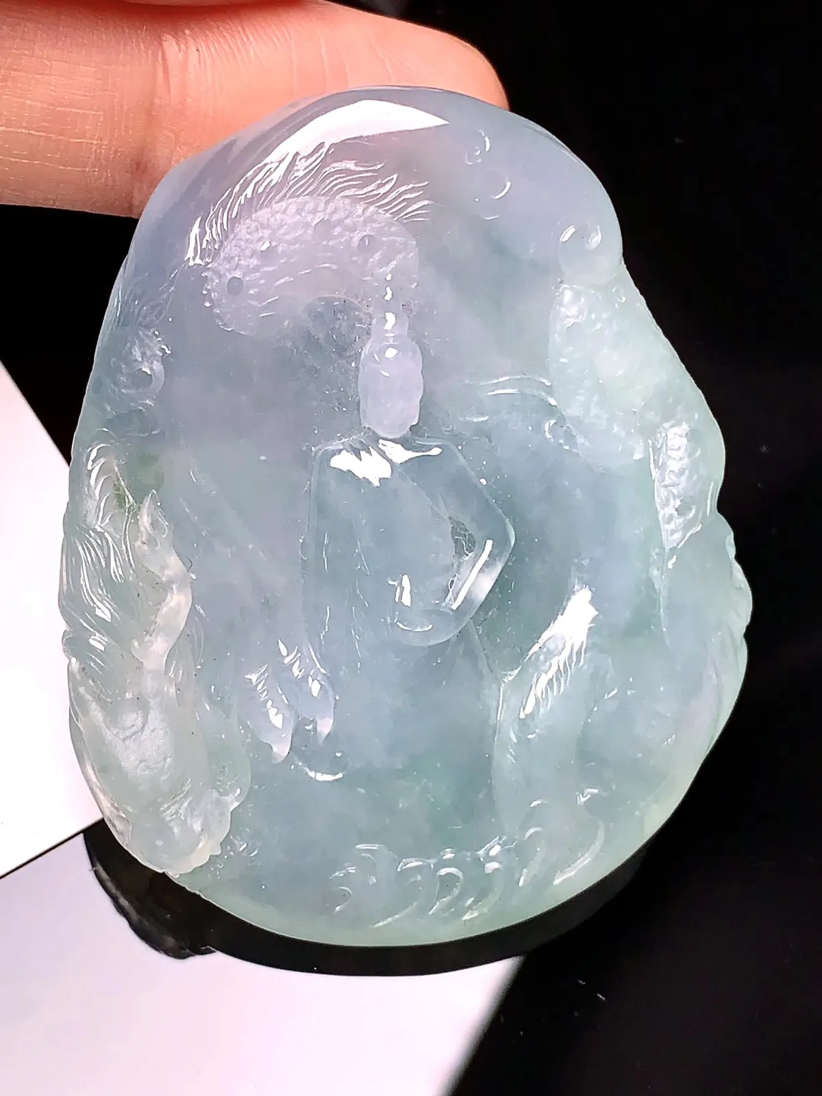 冰种乘龙无相观音吊坠 玉质细腻 色泽艳丽 整体尺寸50.5*41.3*10.8