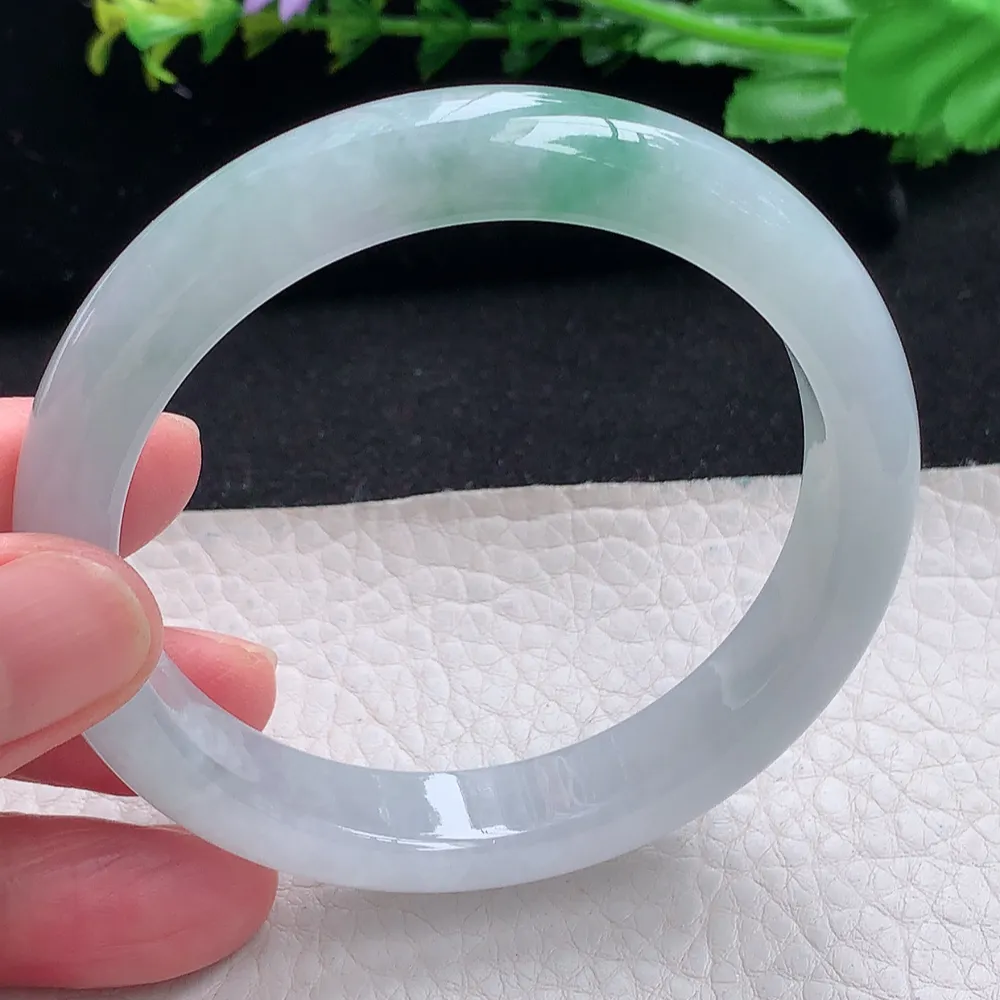 ll自然光57.5*11*7.8平安镯 天然缅甸翡翠a货飘冰飘花秀气宽边玉镯子 玉手环