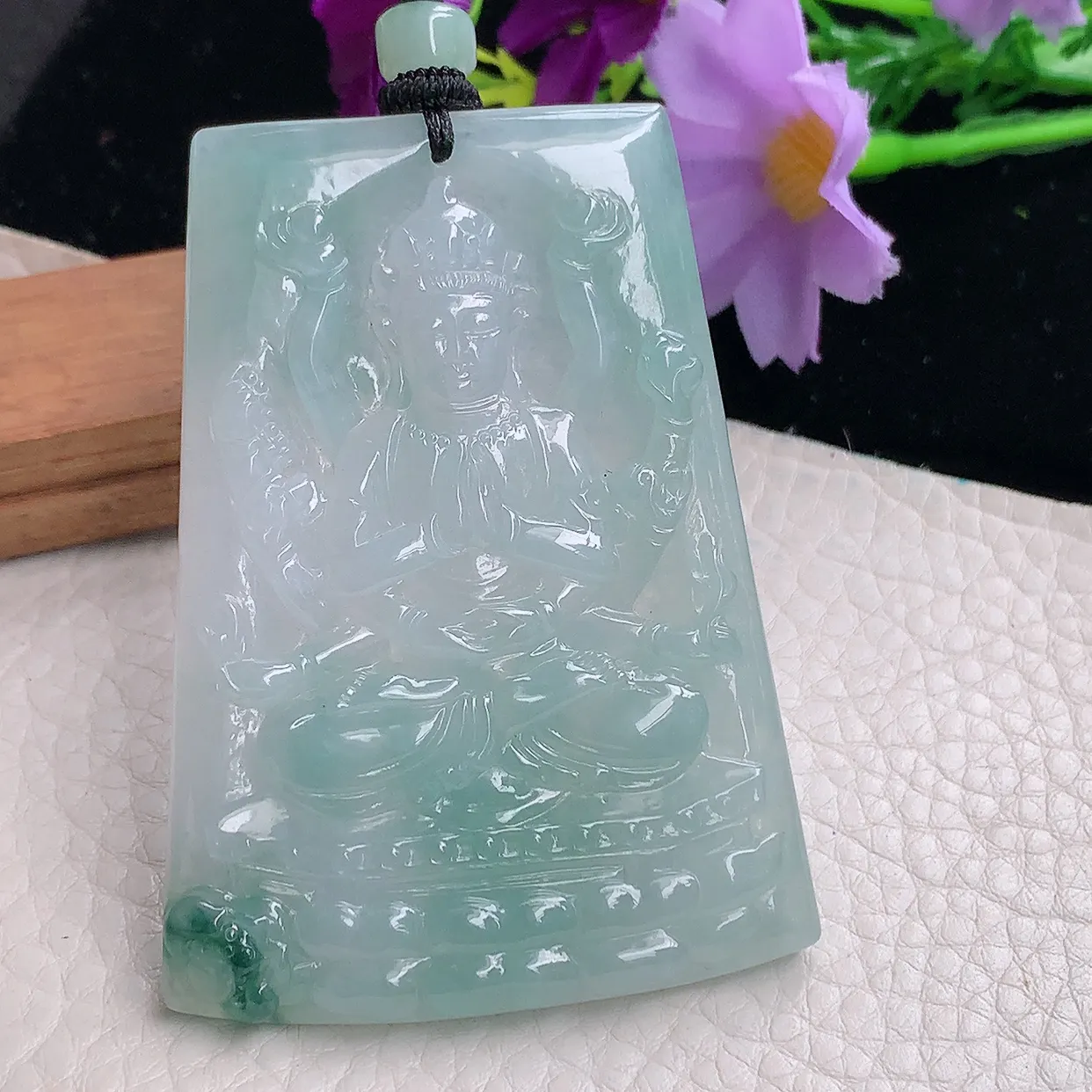 yl自然光65*48*6.3天然缅甸翡翠冰飘花千手观音 玉观音玉吊坠 玉挂件