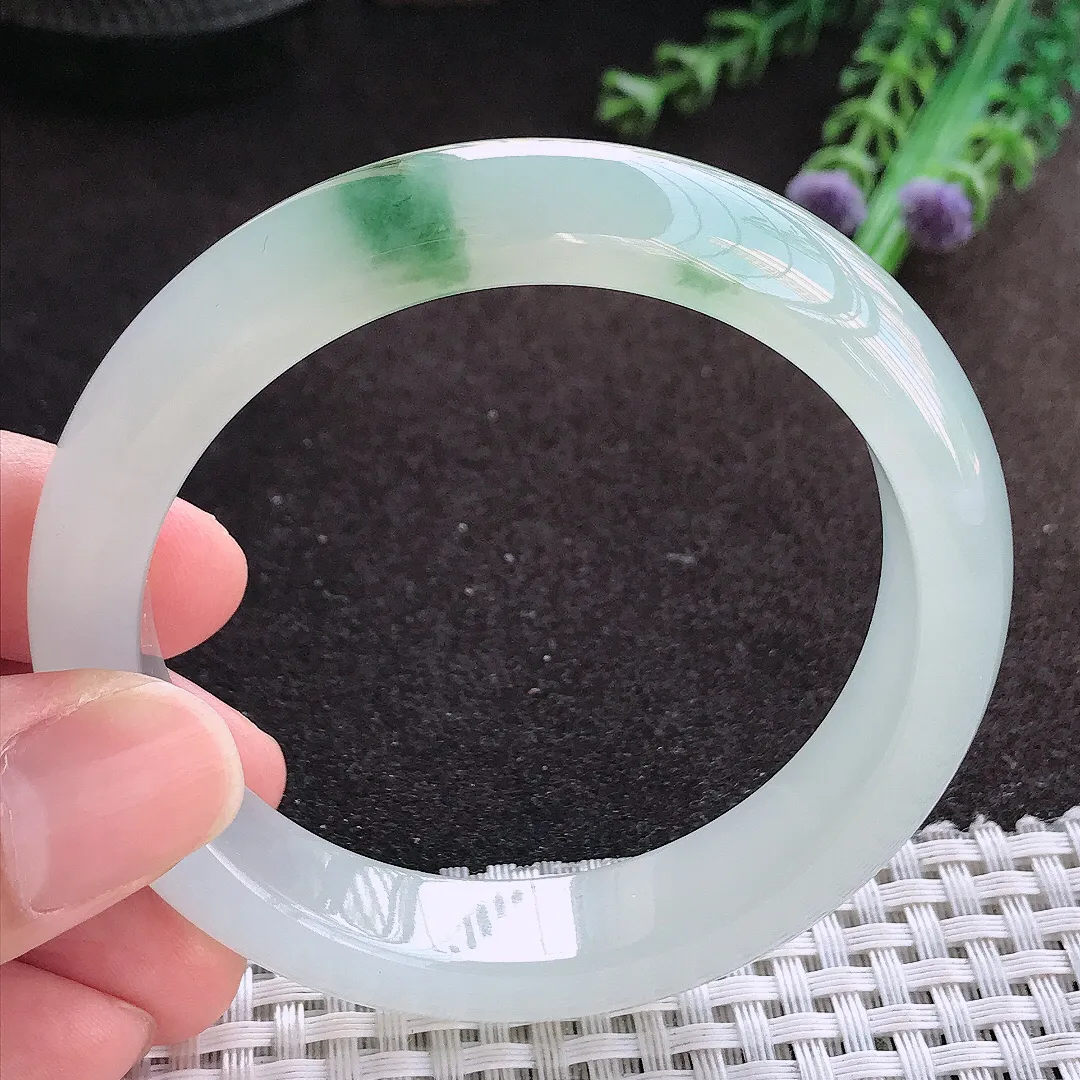 自然光56/12.9/8.3老坑冰透果冻胶冰飘花手镯宽边翡翠玉镯美人镯