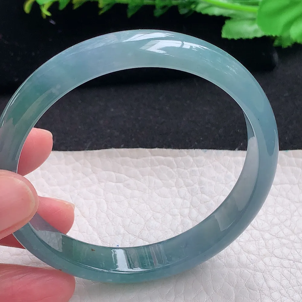 ll大圈口61*11.5*6.3平安镯 天然翡翠a货蓝水宽边玉镯子 玉手环