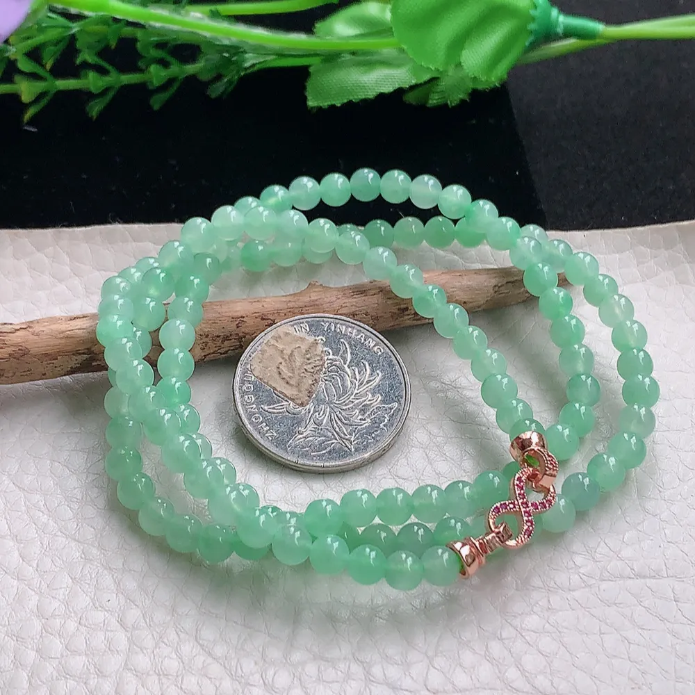 axm实拍5mm缅甸翡翠精雕冰绿5mm圆珠玉项链 玉珠链 周长约580mm