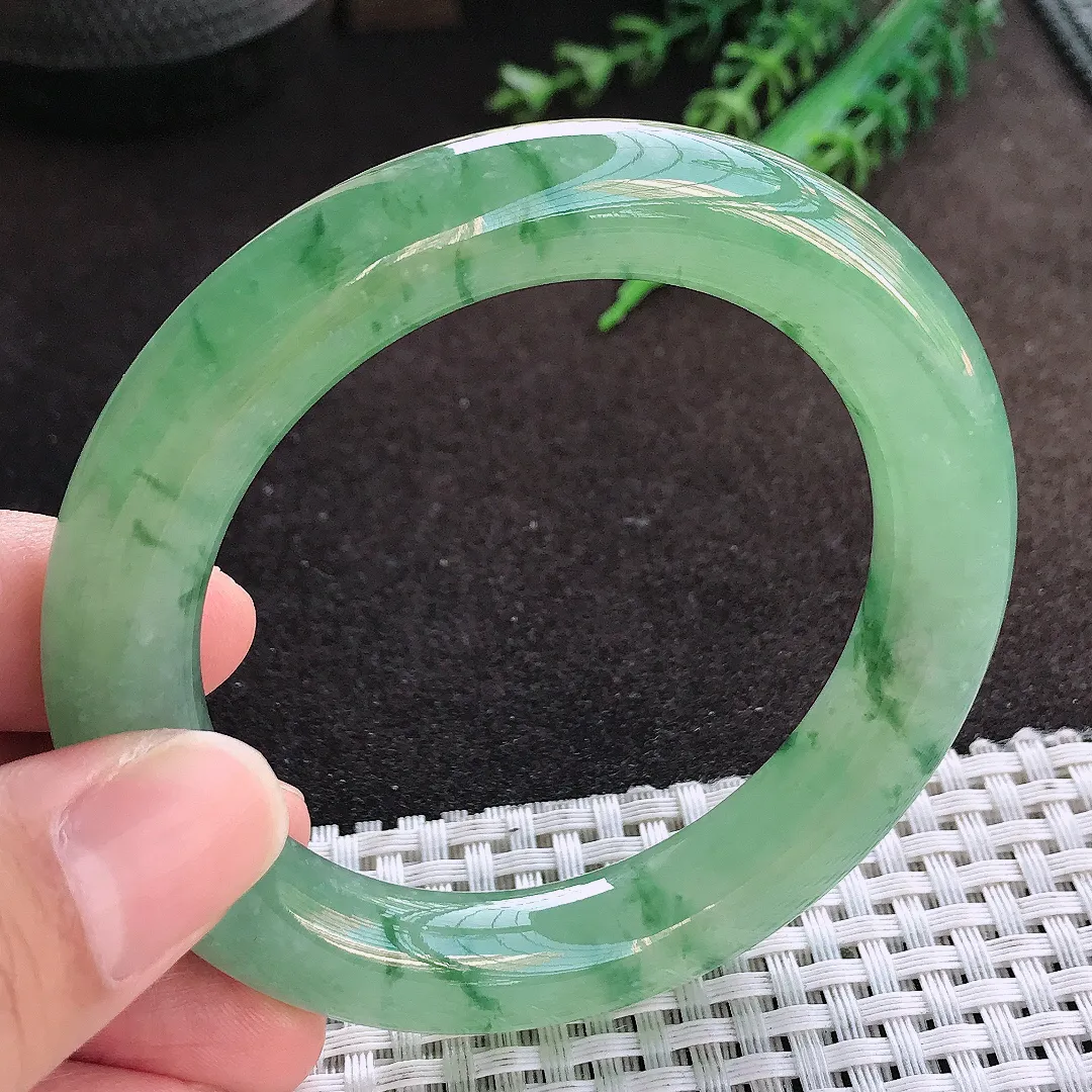 自然光55/11.2/11老坑冰胶果冻冰晴满绿圆条手镯翡翠玉镯美人镯