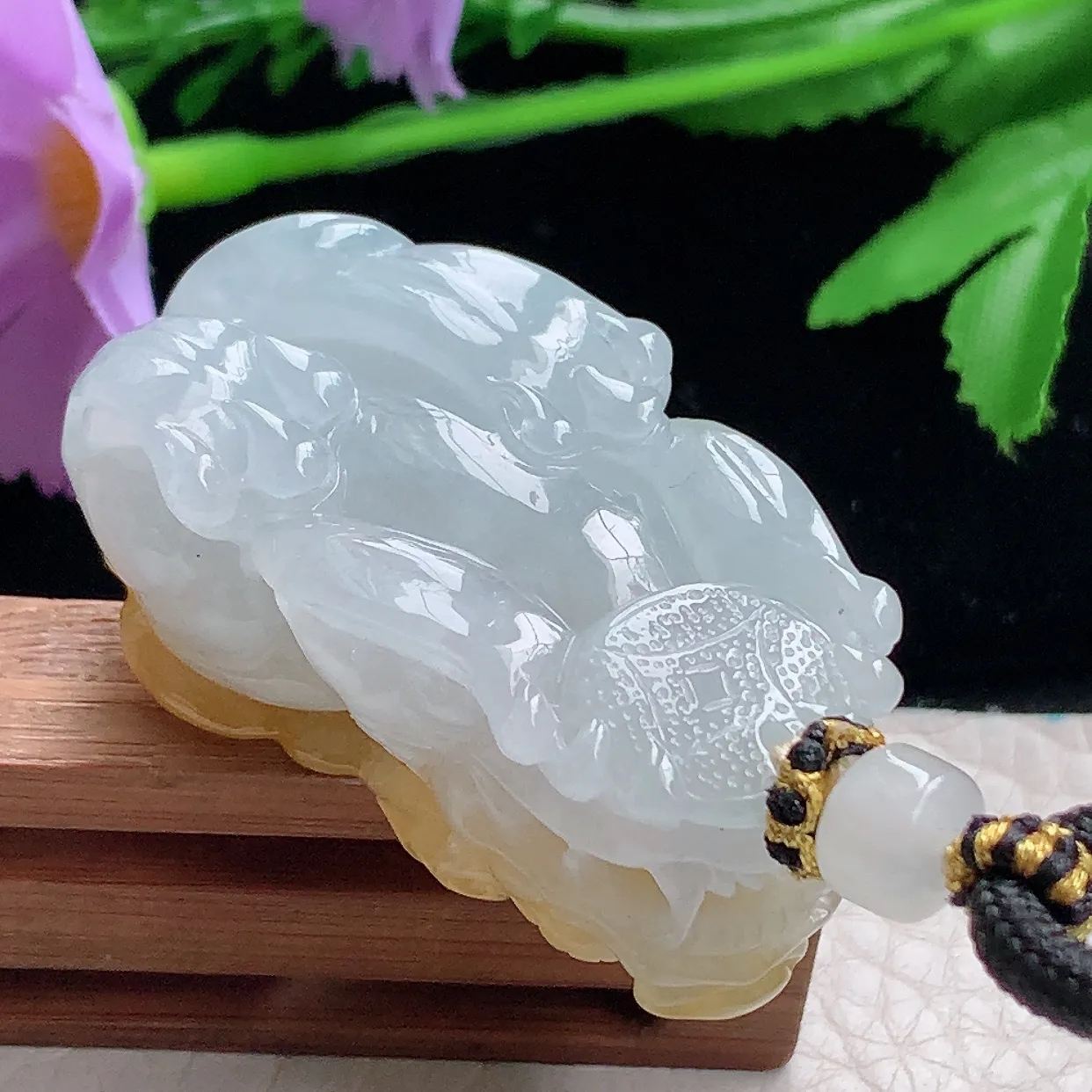 yl自然光43*25*19天然缅甸翡翠冰双彩招财貔貅 玉皮休玉吊坠 玉挂件口含金珠能动