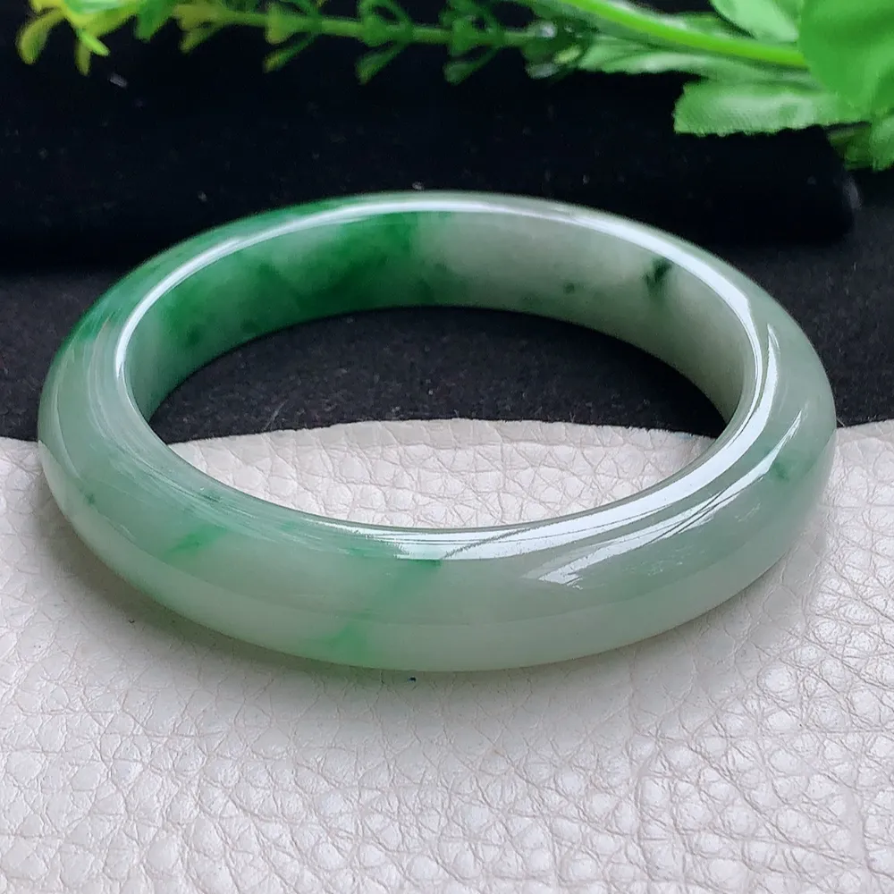 ll自然光56.5*11.6*8.7平安镯 天然缅甸翡翠a货辣绿宽边玉镯子 玉手环