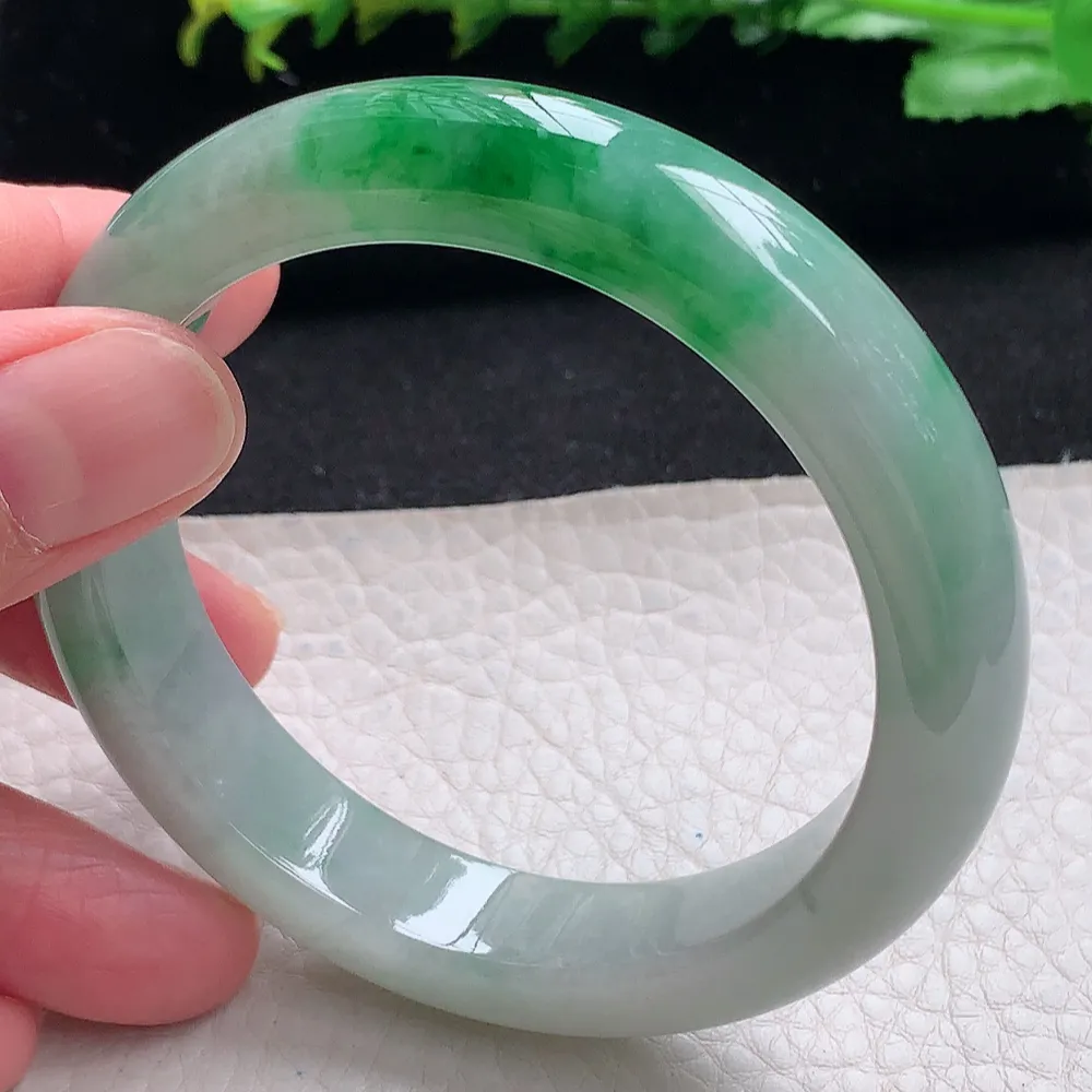 ll自然光56*12.5*8.5平安镯 天然缅甸翡翠a货辣绿宽边玉镯子 玉手环