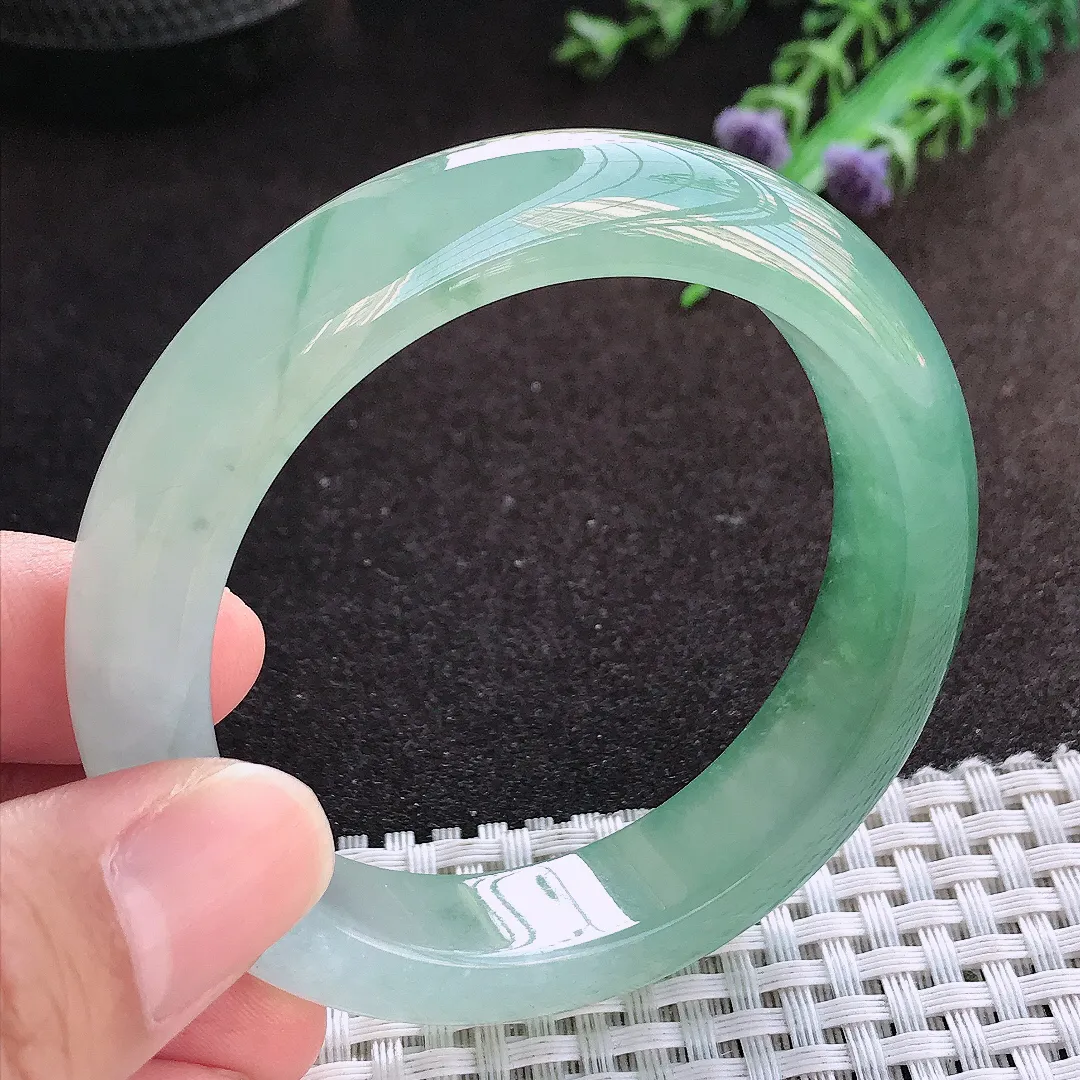 自然光53.5/12.6/8.8老坑冰胶果冻半山水冰油绿手镯宽边翡翠玉镯美人镯