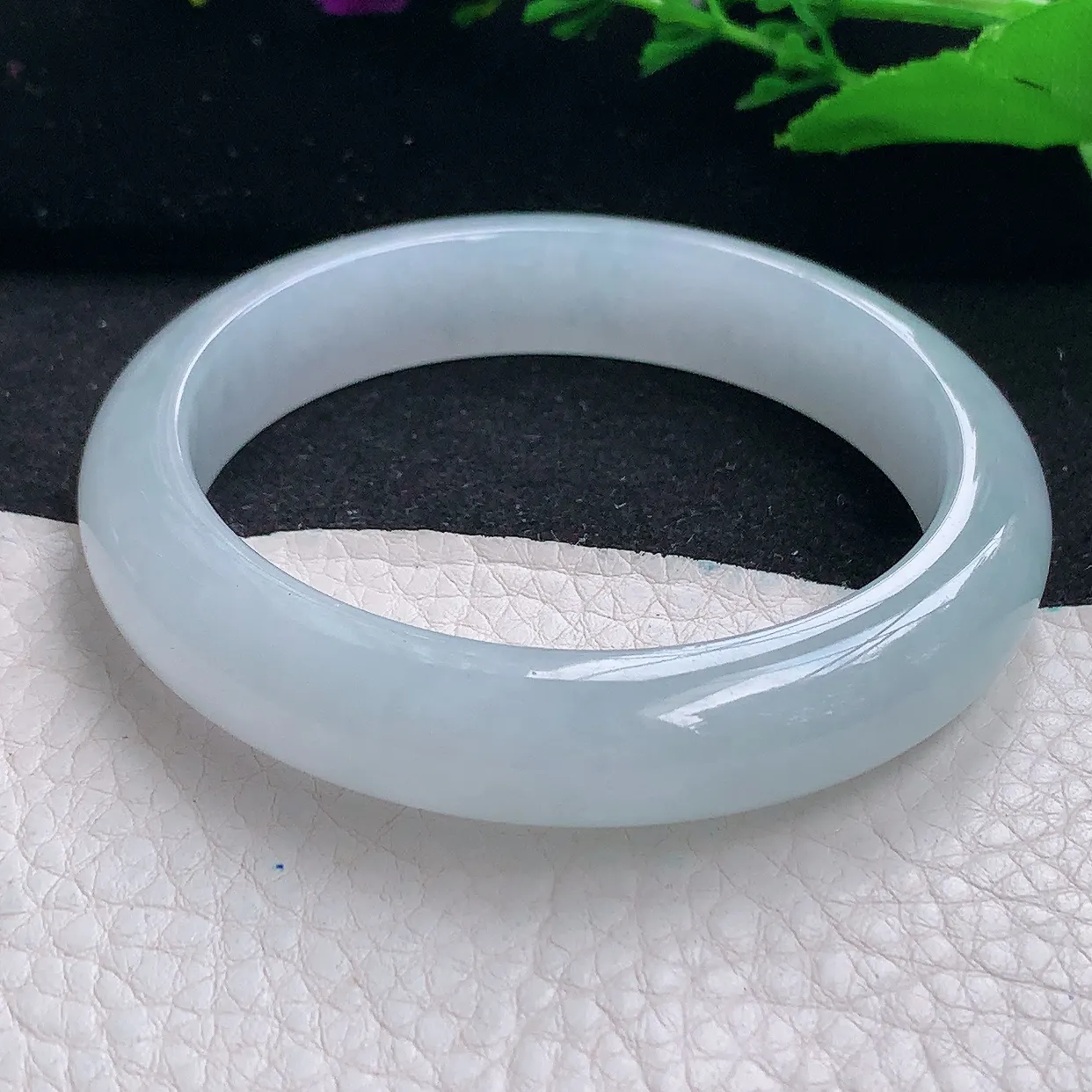 r自然光56.5*12.3*8.3平安镯 天然缅甸翡翠a货冰胶白月光宽边玉镯子 玉手环