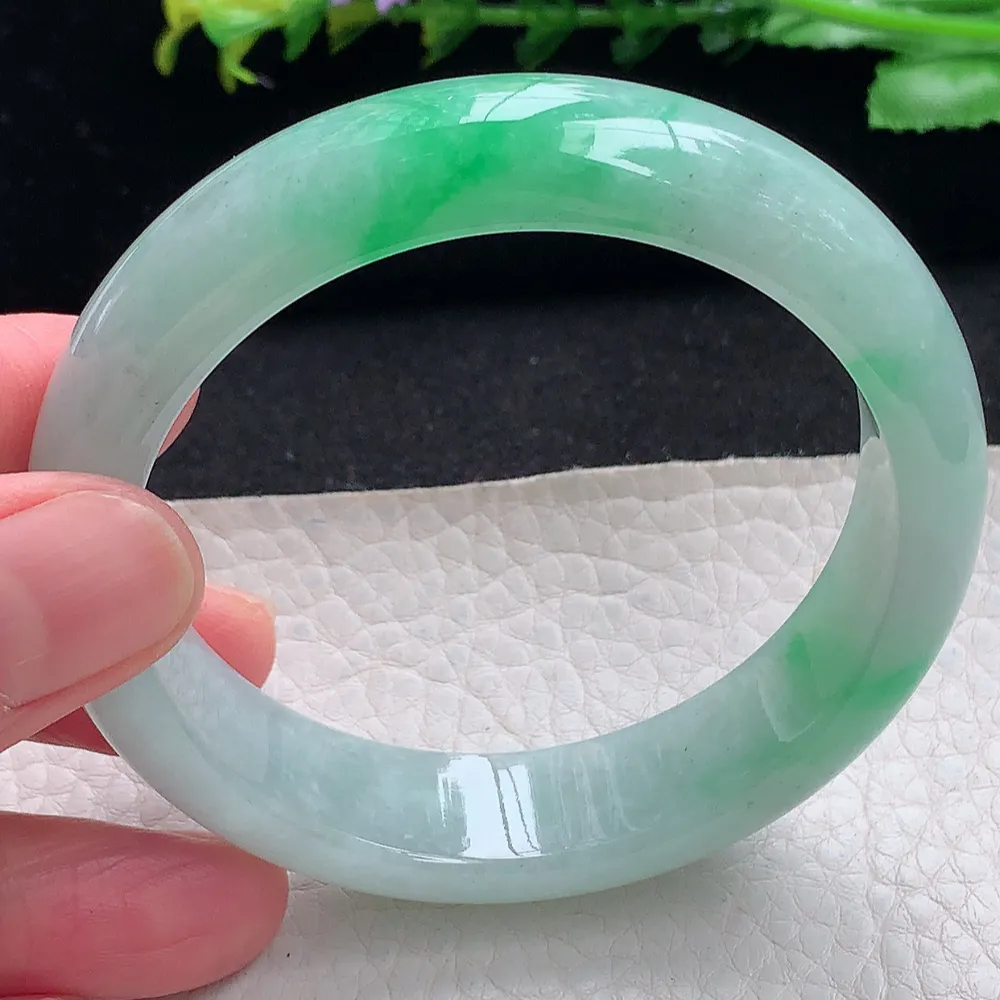 ll自然光55*14.2*7.8平安镯 天然缅甸翡翠a货飘阳绿宽边玉镯子 玉手环