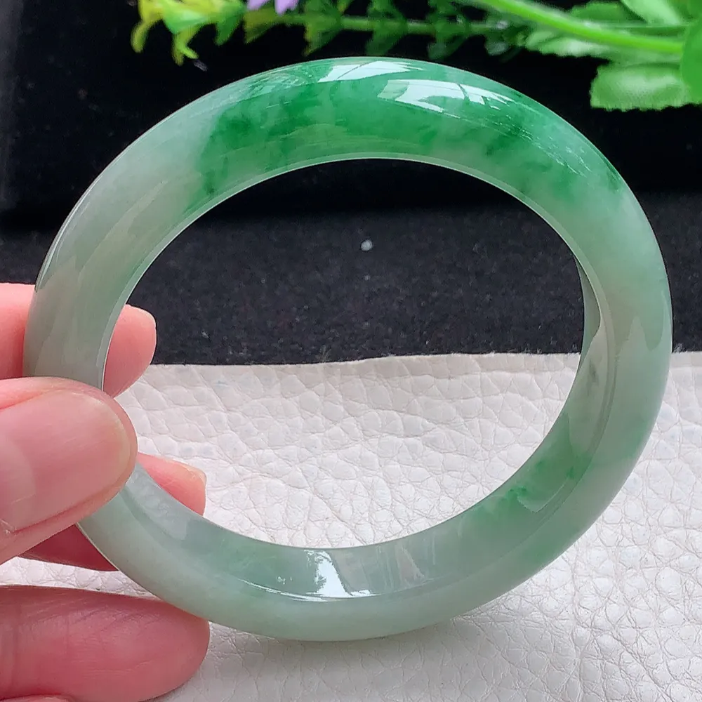 ll自然光56.5*11.6*8.7平安镯 天然缅甸翡翠a货辣绿宽边玉镯子 玉手环