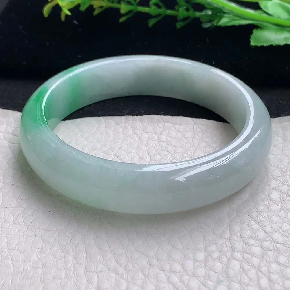 ll自然光58*14.2*8平安镯 天然缅甸翡翠a货飘阳绿宽边玉镯子 玉手环