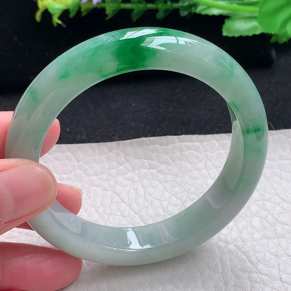 ll自然光56*12.5*8.5平安镯 天然缅甸翡翠a货辣绿宽边玉镯子 玉手环