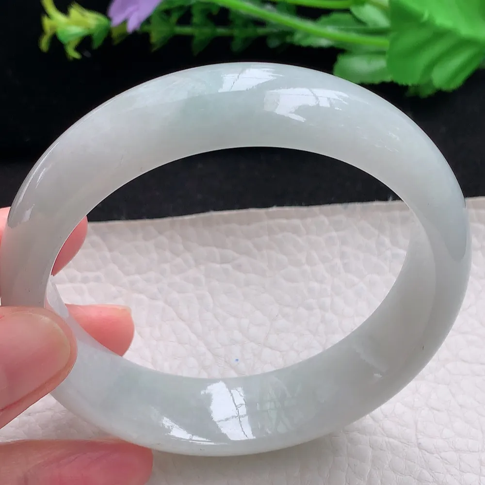 ll大圈口63*17.5*8.2轮胎镯 天然缅甸翡翠a货白月光大气宽边玉镯子 玉手环