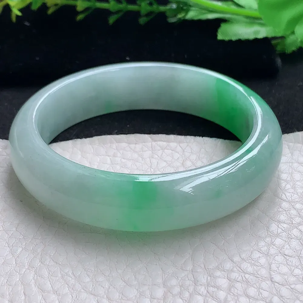ll自然光55*14.2*7.8平安镯 天然缅甸翡翠a货飘阳绿宽边玉镯子 玉手环