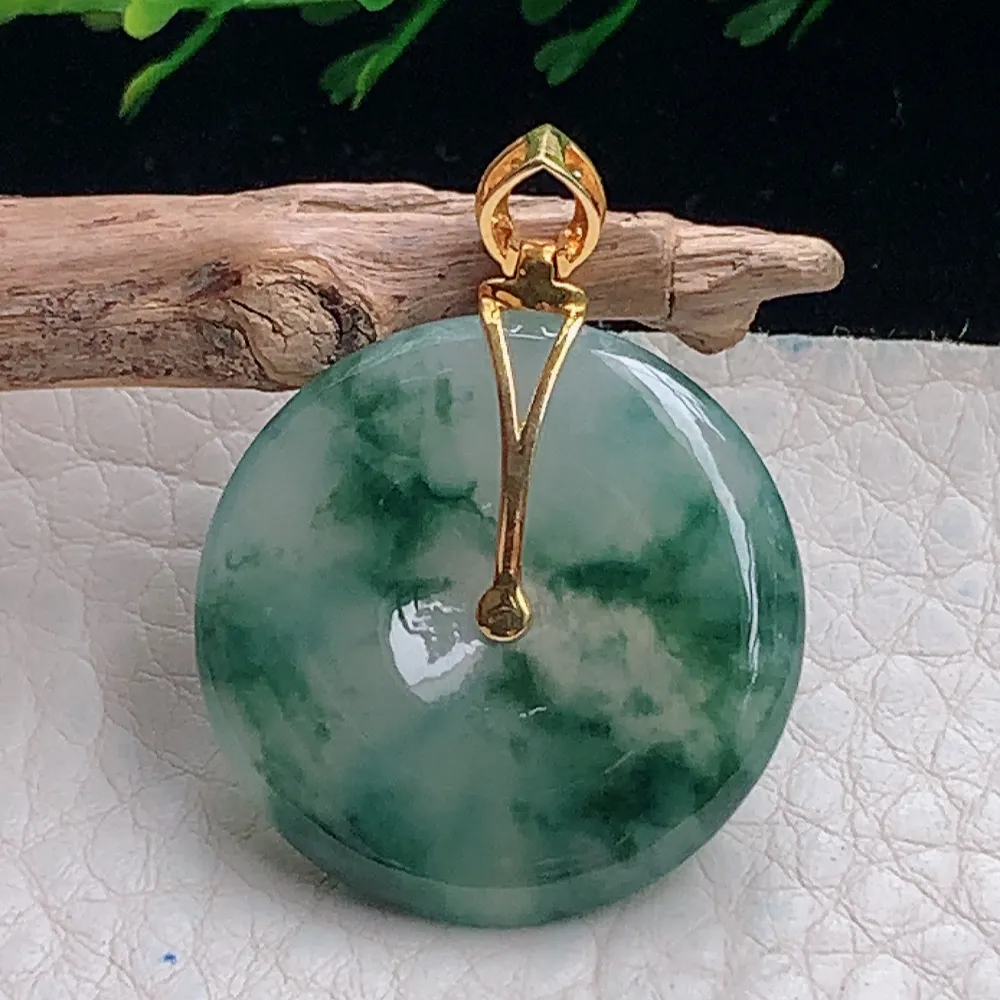 axm自然光26.2*4.3天然缅甸翡翠冰飘花平安扣 玉扣玉吊坠 玉挂件