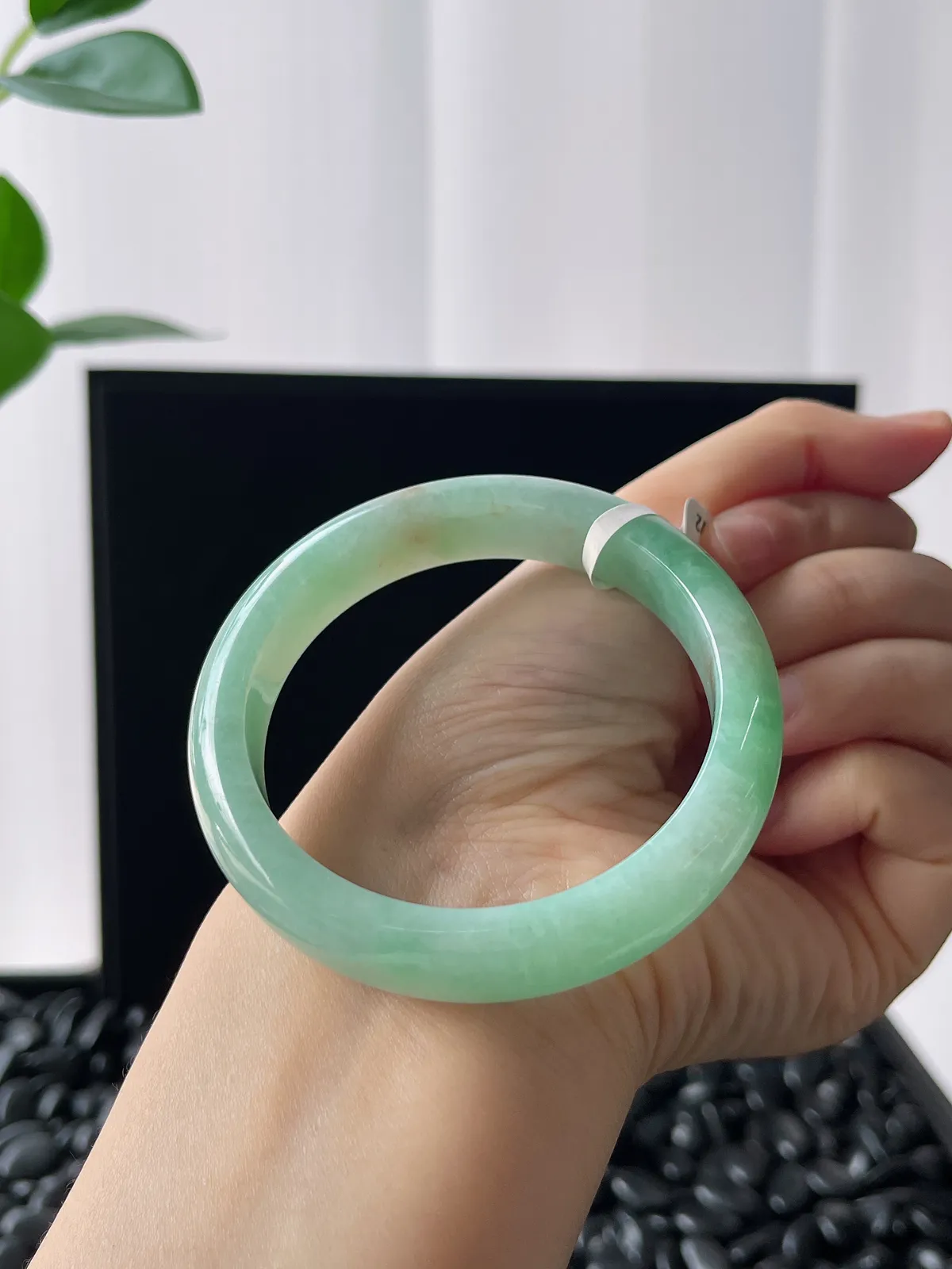 正圈54.5圈口，翡翠糯化种飘绿手镯