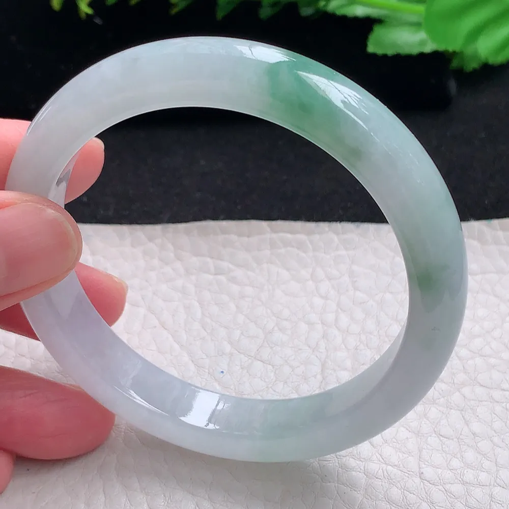 ll自然光57.5*11*7.8平安镯 天然缅甸翡翠a货飘冰飘花秀气宽边玉镯子 玉手环