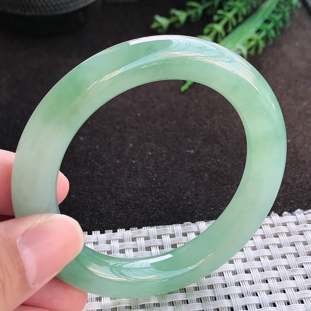 自然光54.5/18.7/10.8老坑冰胶果冻冰晴绿圆条手镯翡翠玉镯美人镯
