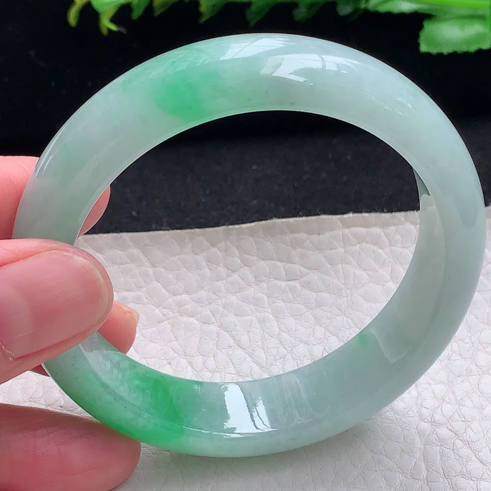 ll自然光55*14.2*7.8平安镯 天然缅甸翡翠a货飘阳绿宽边玉镯子 玉手环