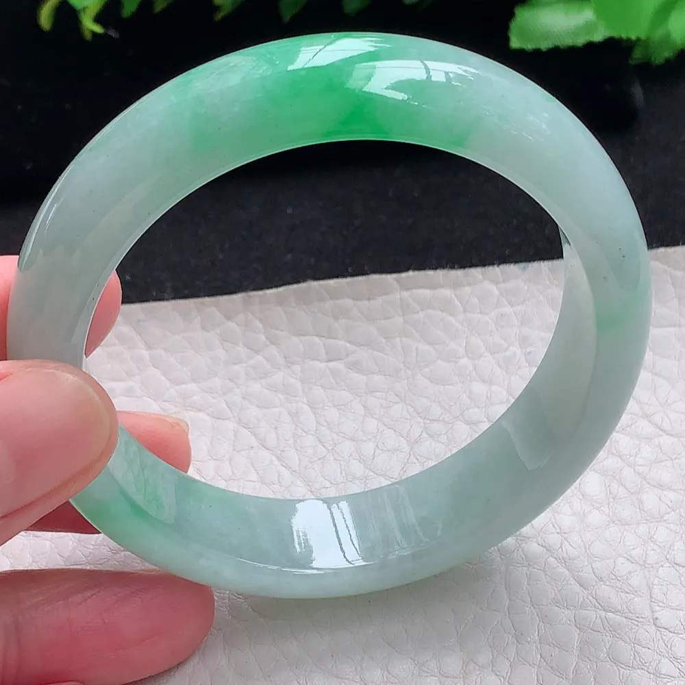 ll自然光55*14.2*7.8平安镯 天然缅甸翡翠a货飘阳绿宽边玉镯子 玉手环