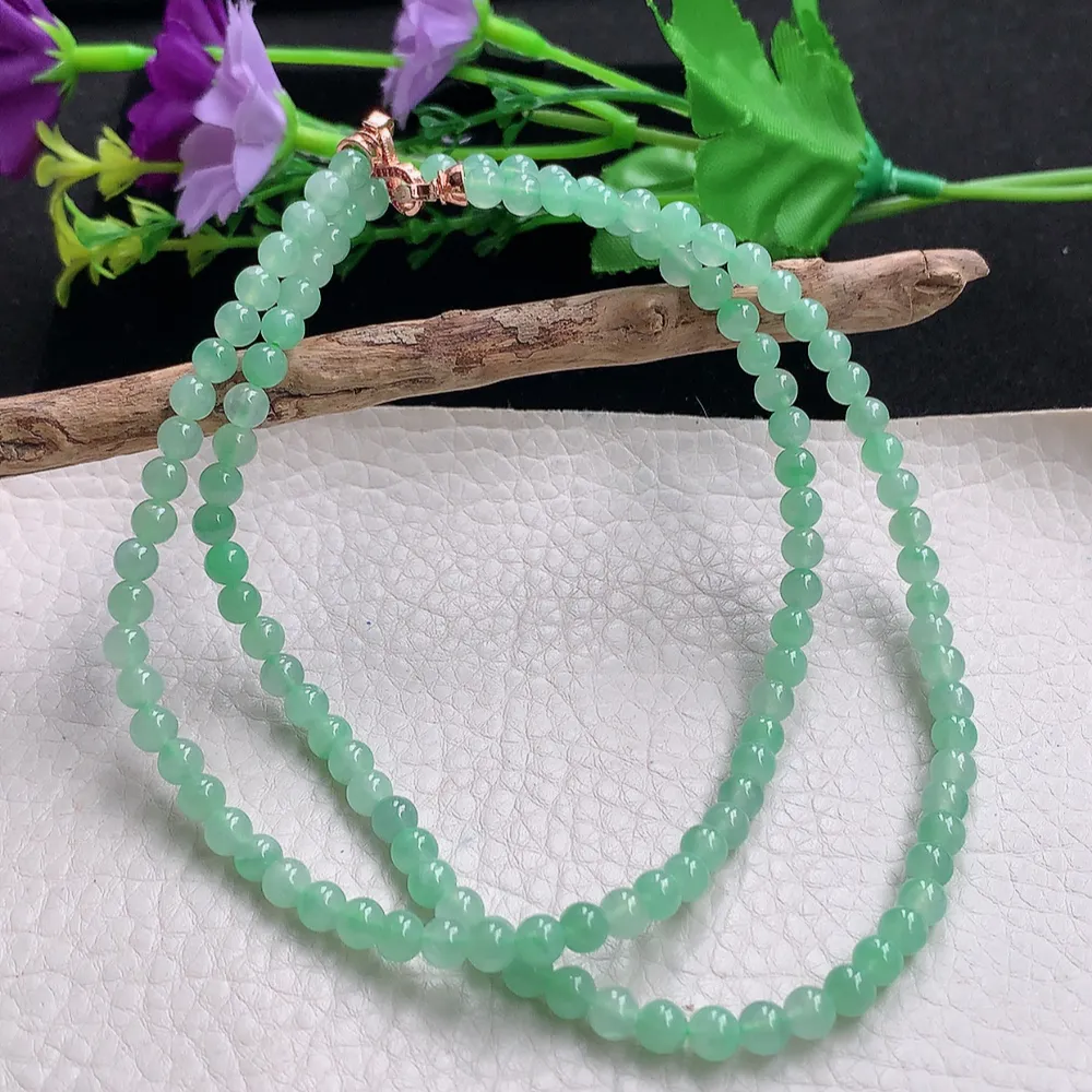 axm实拍5mm缅甸翡翠精雕冰绿5mm圆珠玉项链 玉珠链 周长约580mm