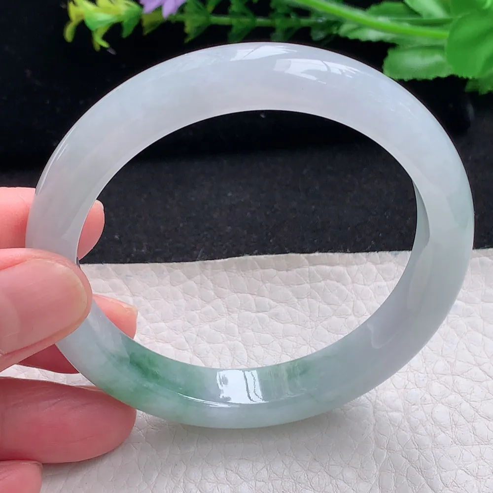 ll自然光57.5*11*7.8平安镯 天然缅甸翡翠a货飘冰飘花秀气宽边玉镯子 玉手环