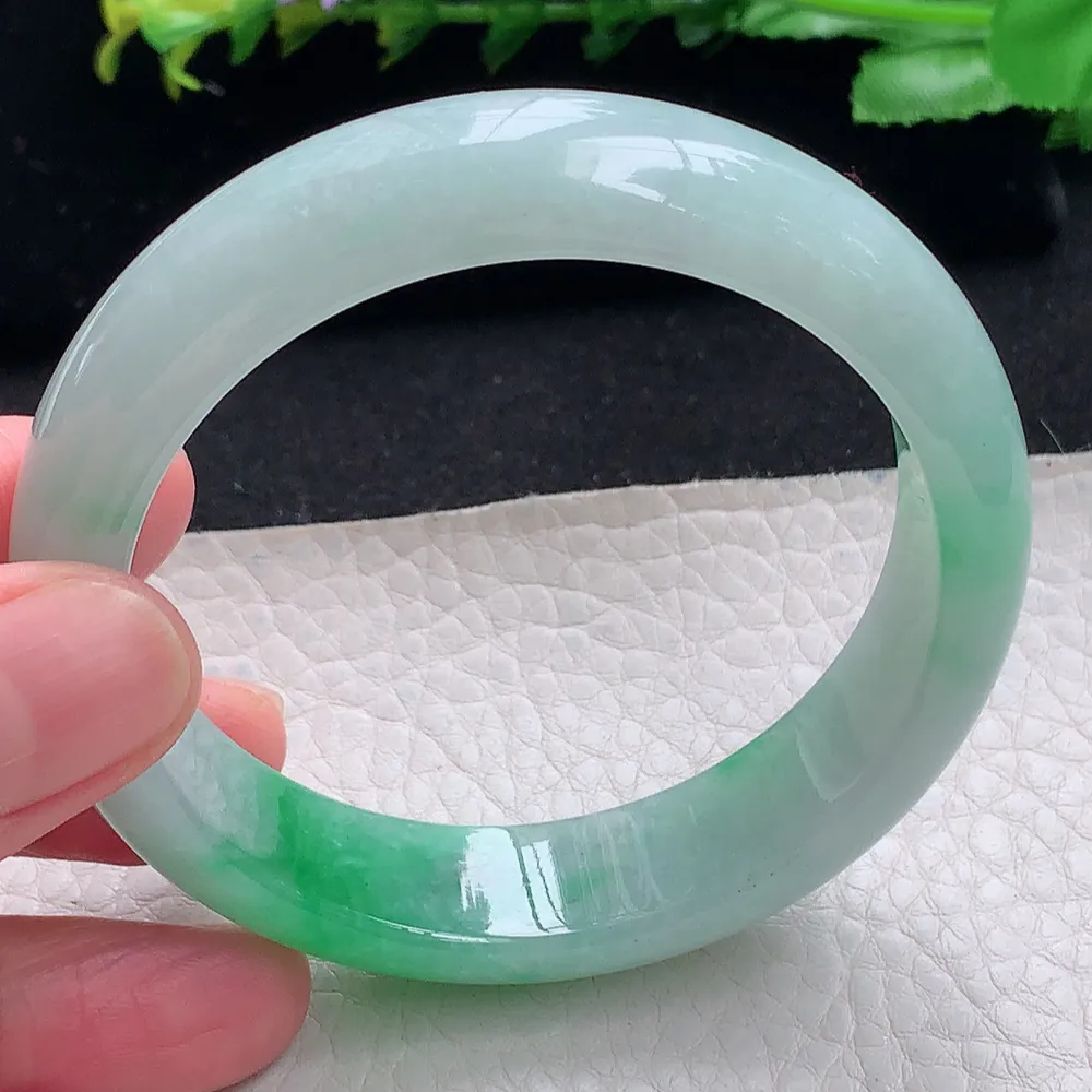 ll自然光55*14.2*7.8平安镯 天然缅甸翡翠a货飘阳绿宽边玉镯子 玉手环