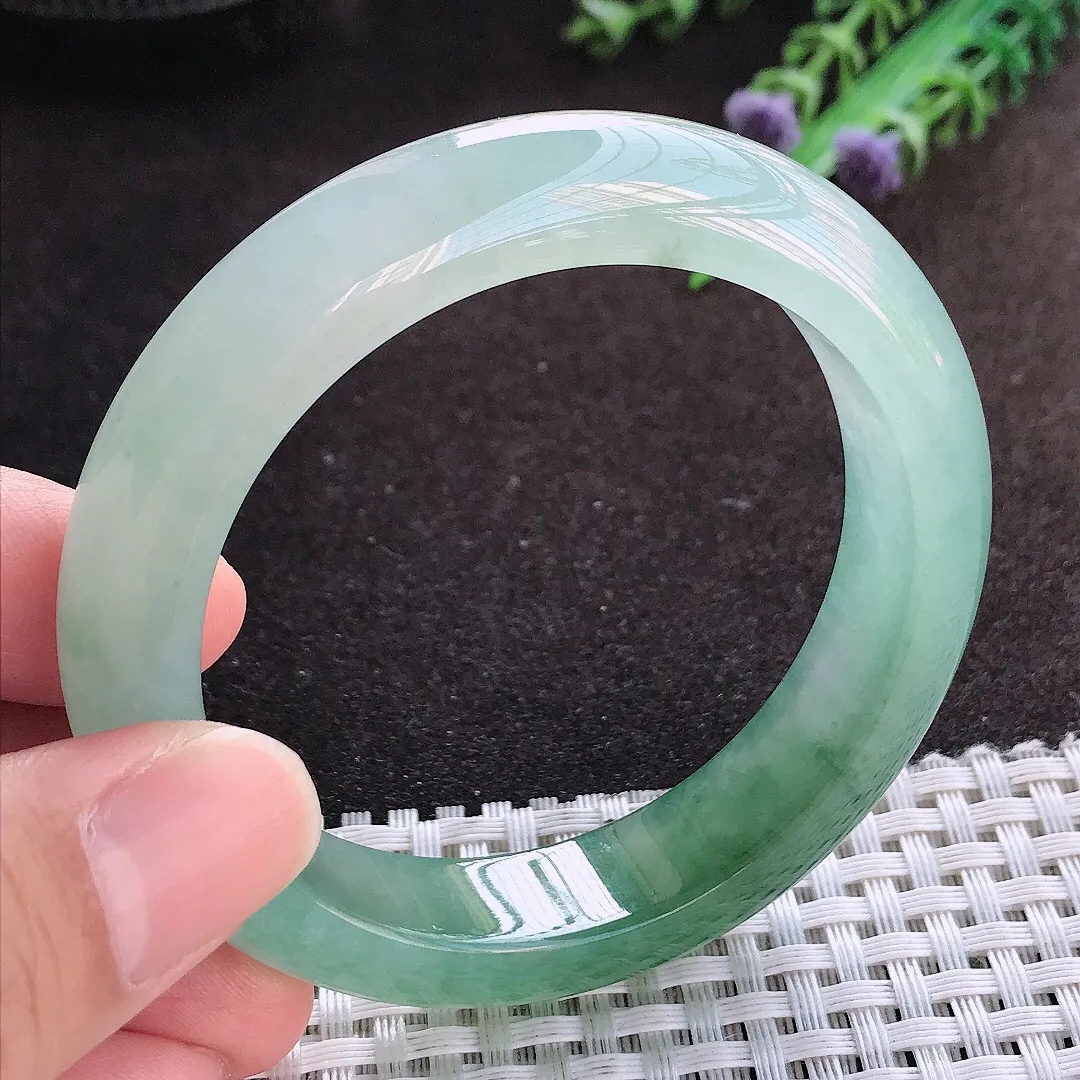 自然光53.5/12.6/8.8老坑冰胶果冻半山水冰油绿手镯宽边翡翠玉镯美人镯