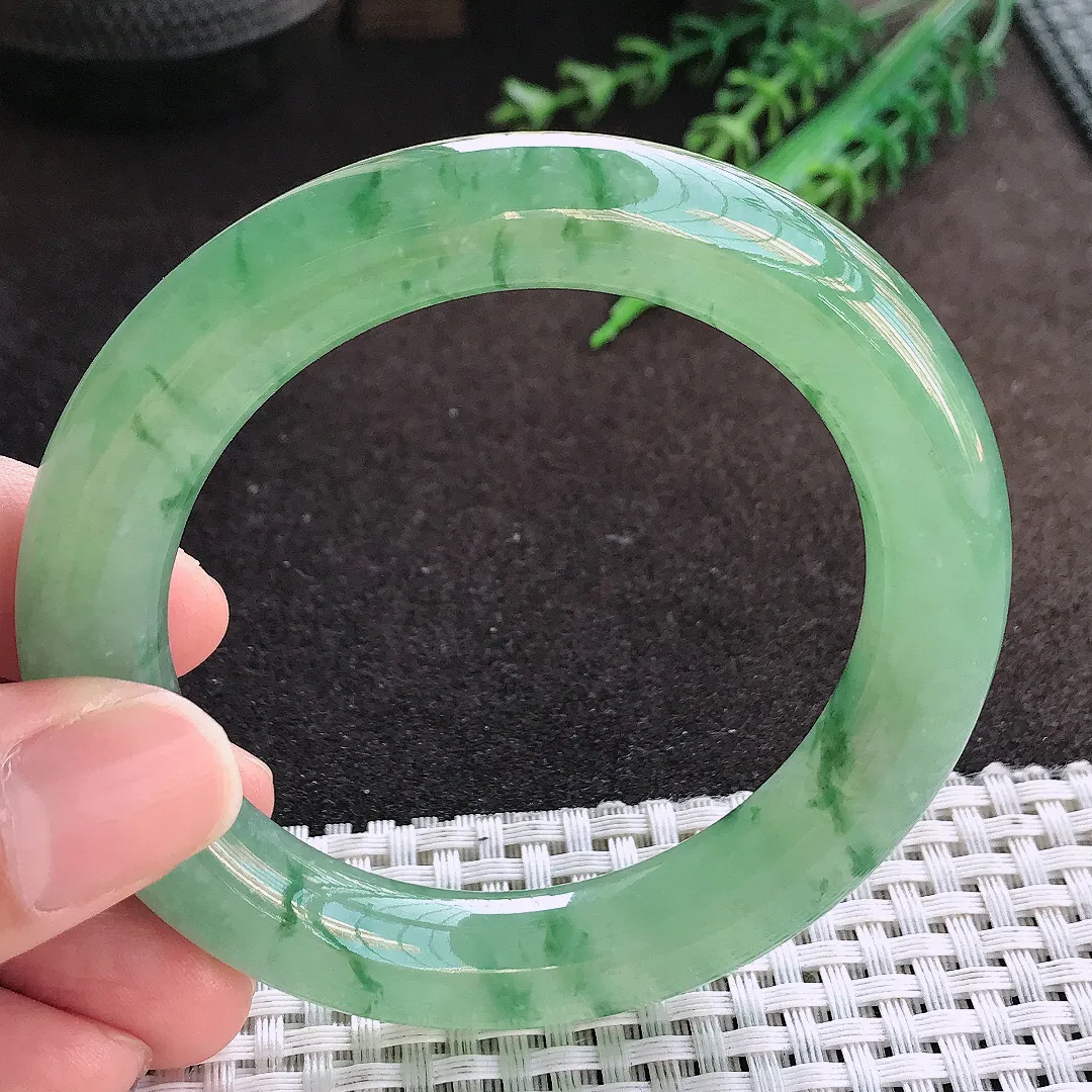 自然光55/11.2/11老坑冰胶果冻冰晴满绿圆条手镯翡翠玉镯美人镯