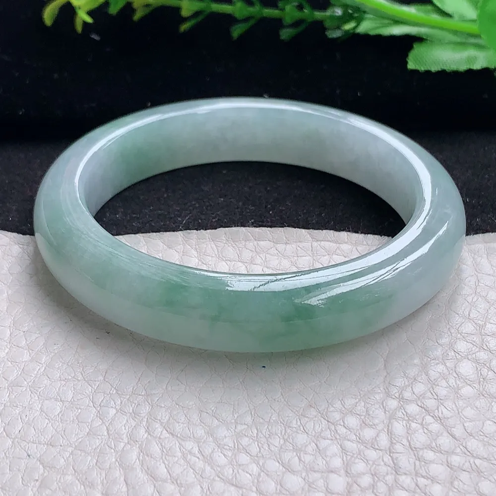 ll自然光55.5*11.7*8.5平安镯 天然缅甸翡翠a货冰飘花宽边玉镯子 玉手环