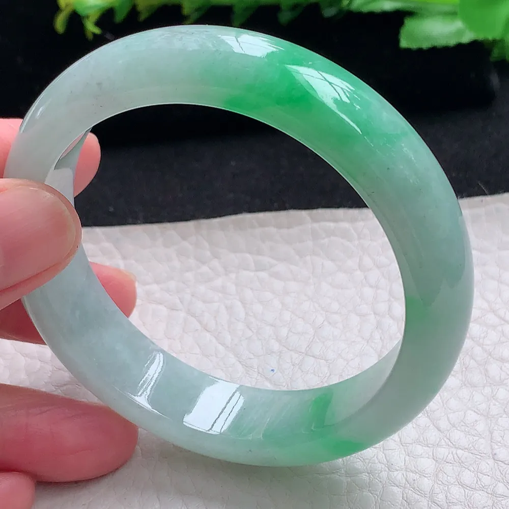 ll自然光55*14.2*7.8平安镯 天然缅甸翡翠a货飘阳绿宽边玉镯子 玉手环