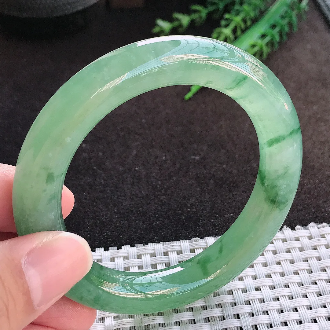 自然光55/11.2/11老坑冰胶果冻冰晴满绿圆条手镯翡翠玉镯美人镯