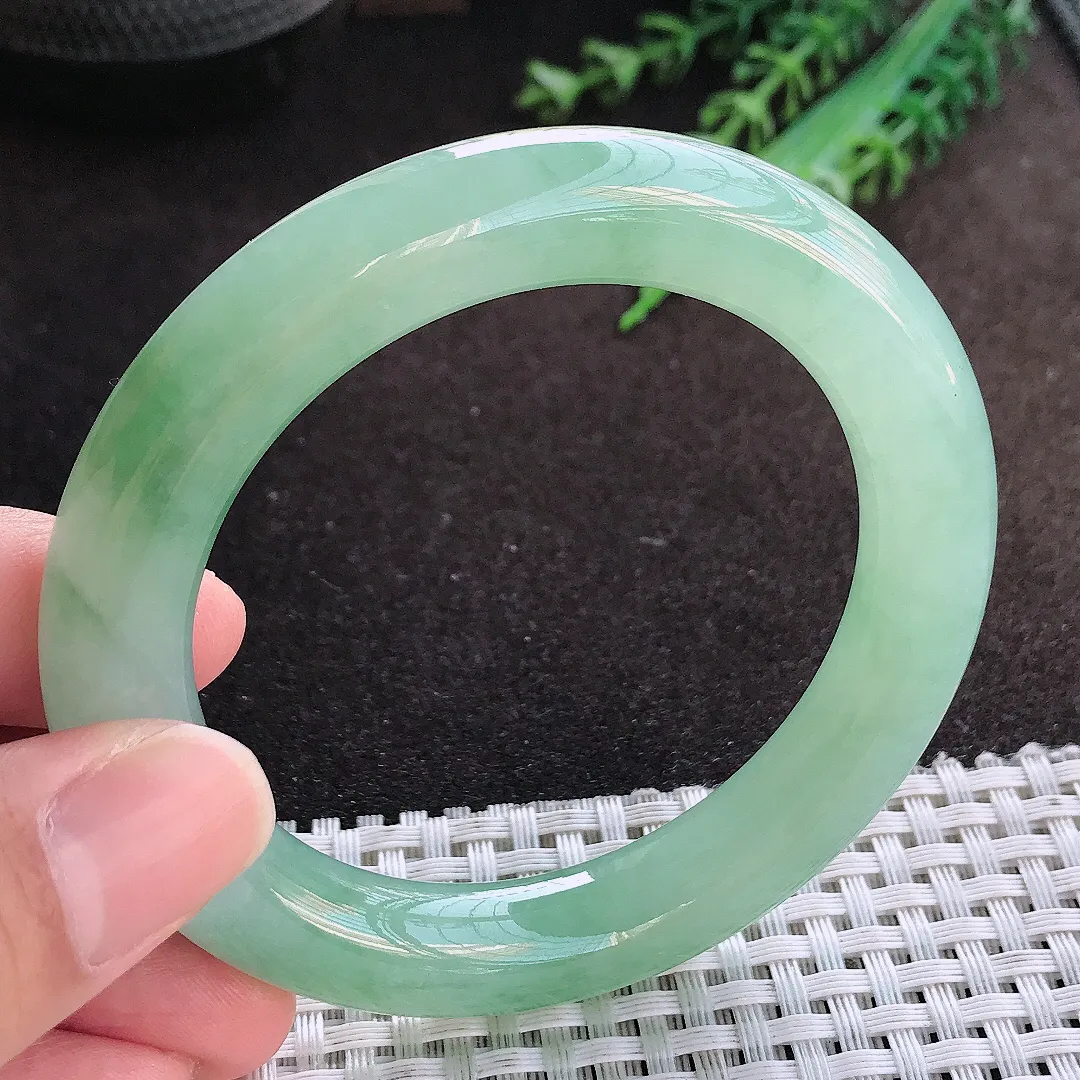 自然光54.5/18.7/10.8老坑冰胶果冻冰晴绿圆条手镯翡翠玉镯美人镯